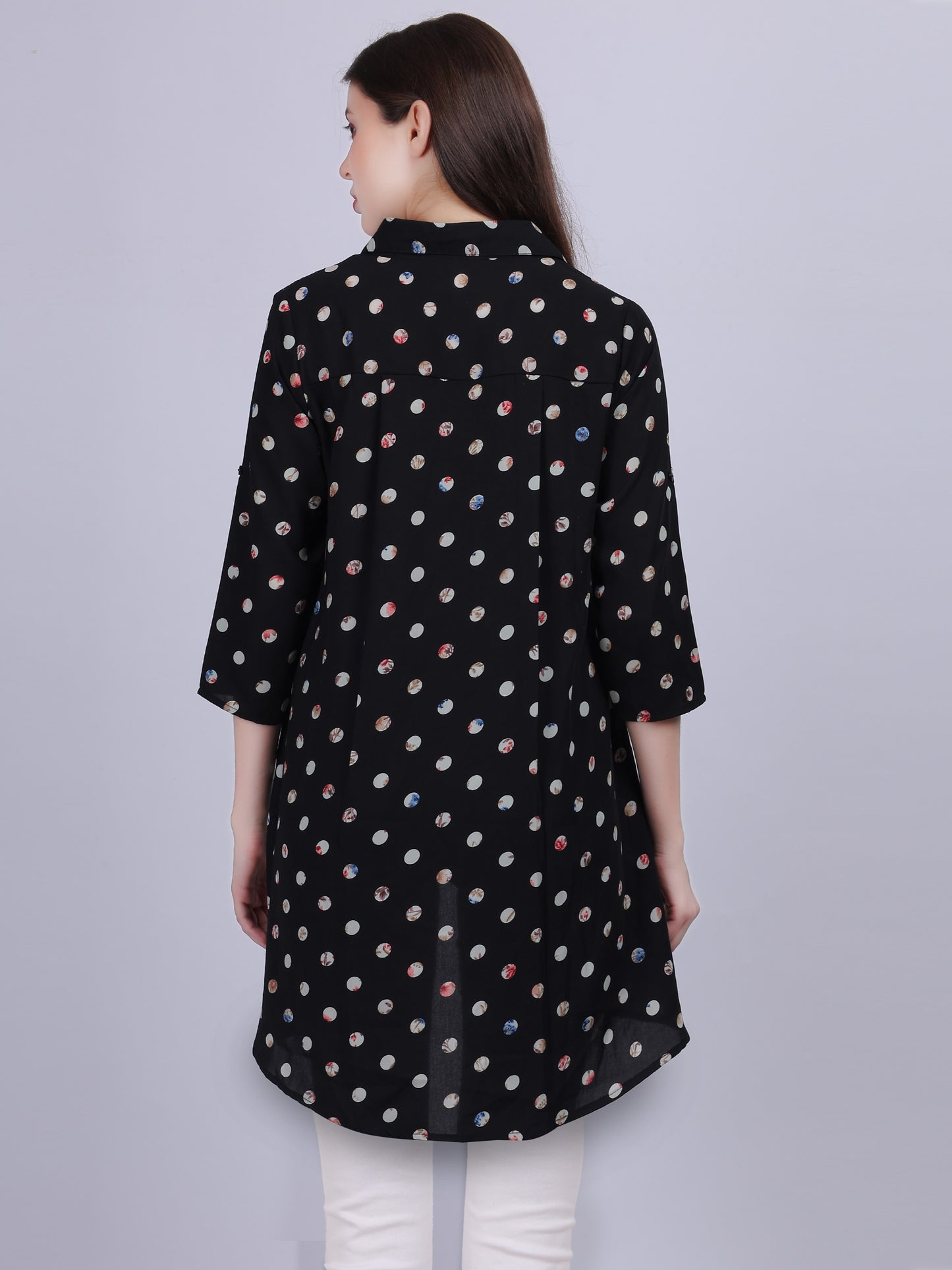 Navy Polka Dots High-low Tunic Top With Tassel Cord Belt