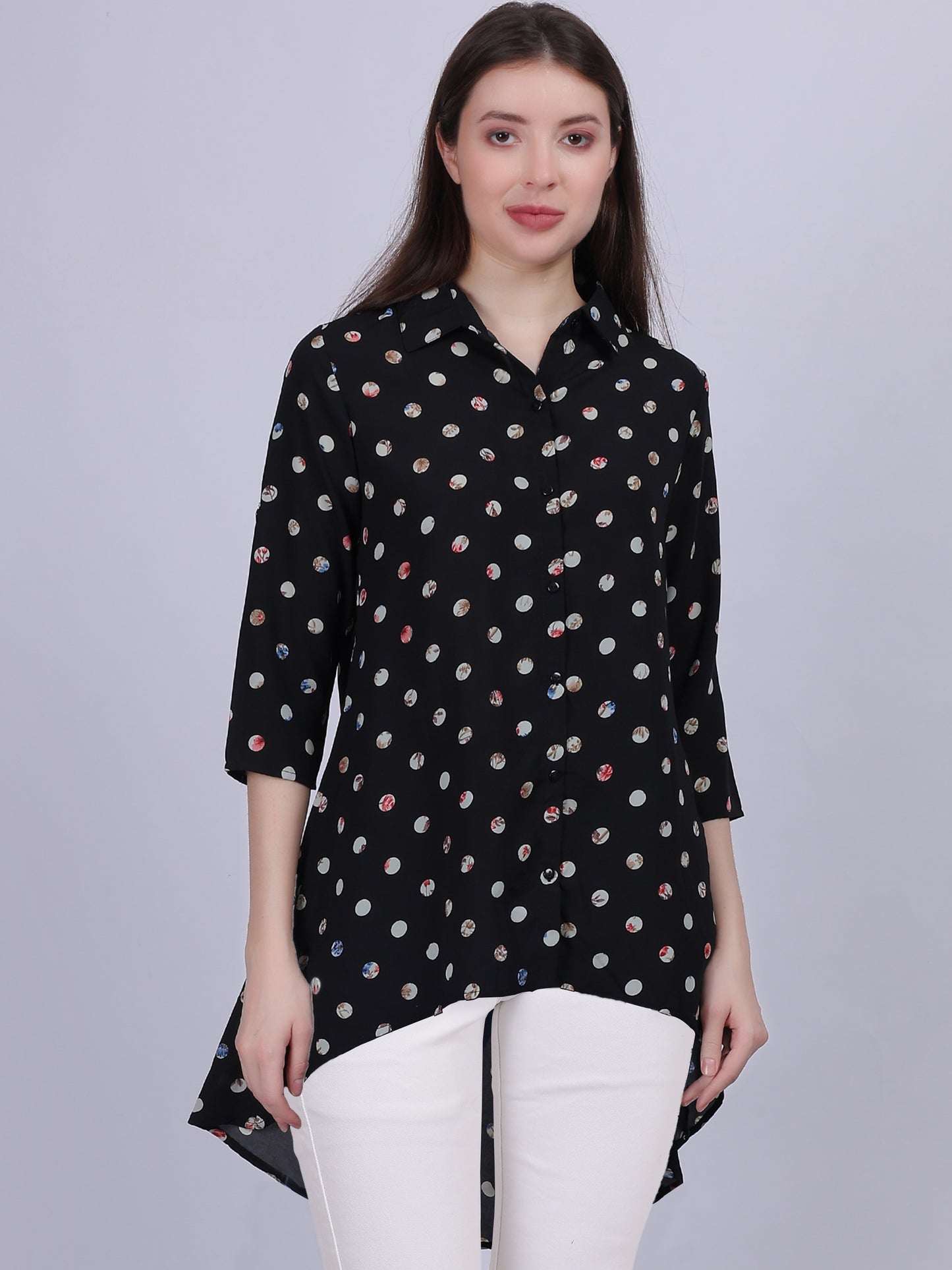 Navy Polka Dots High-low Tunic Top With Tassel Cord Belt