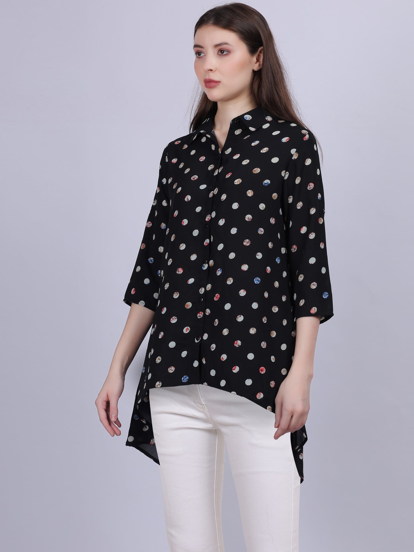 Navy Polka Dots High-low Tunic Top With Tassel Cord Belt