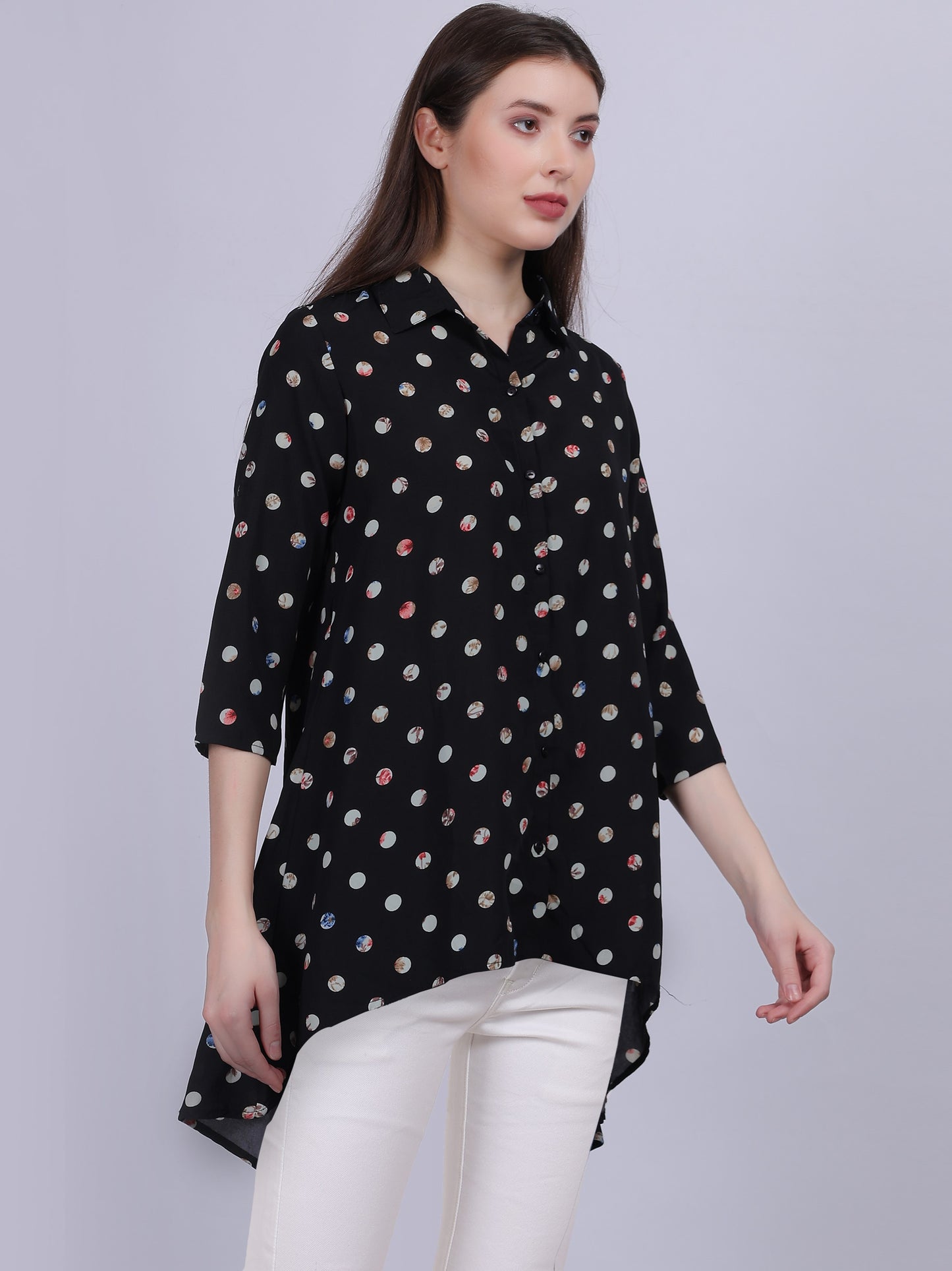 Polka Dots High-low Tunic Top With Tassel Cord Belt