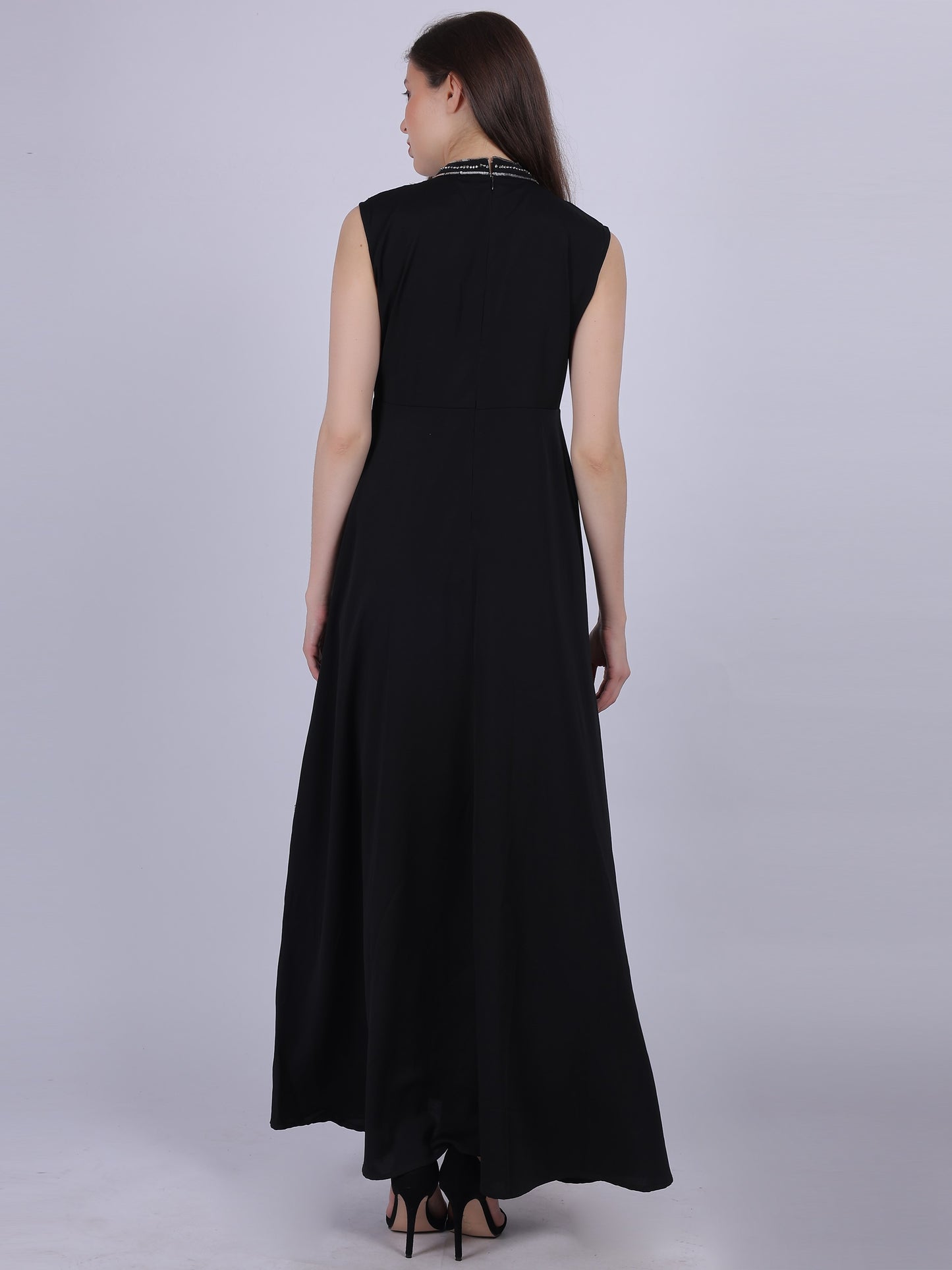Black Plain Long Dress With Neck Hand Embroidery Work
