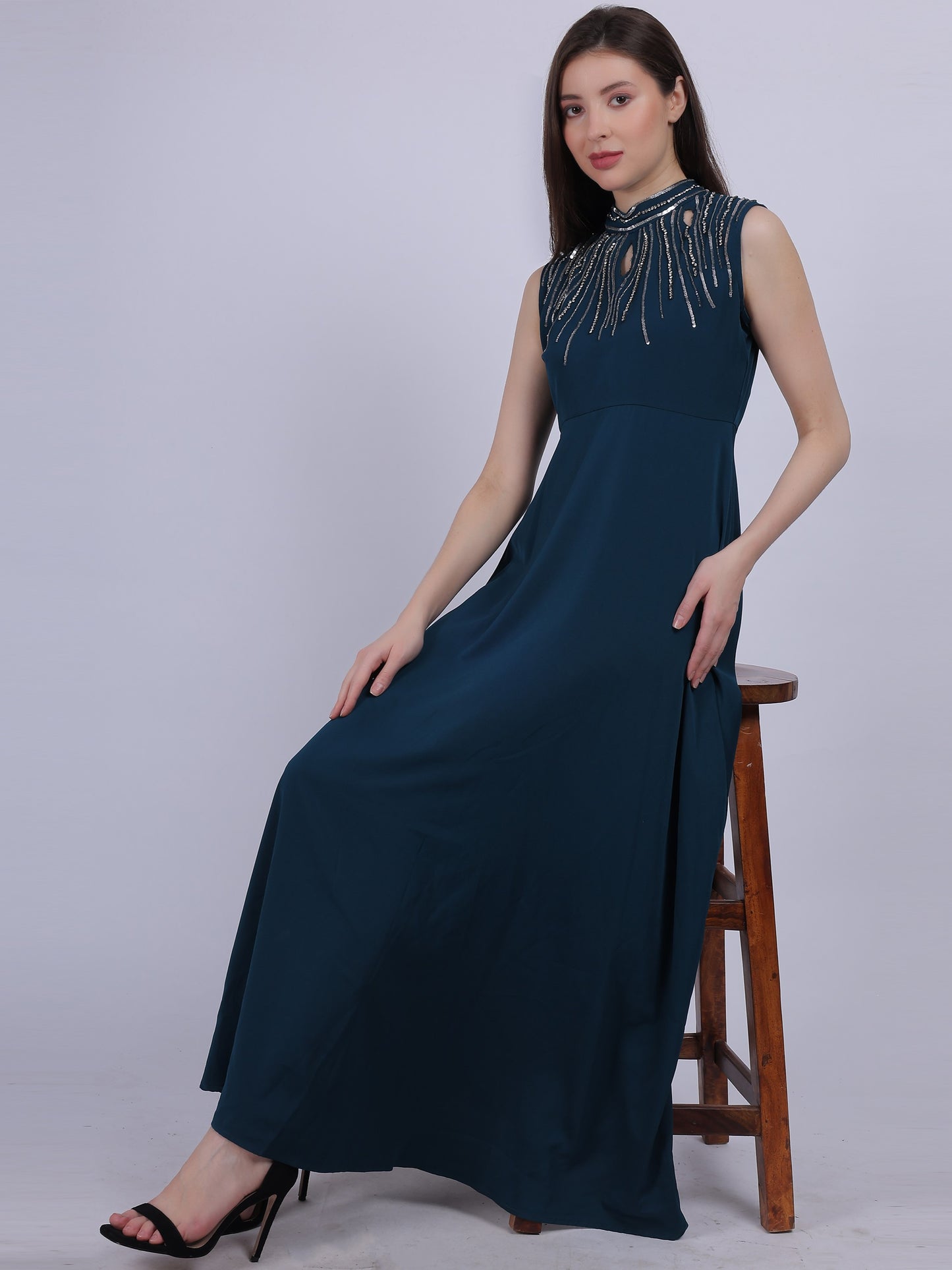 Teal Plain Long Dress With Neck Hand Embroidery Work