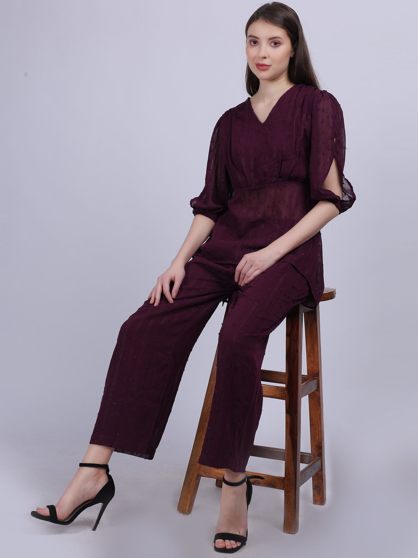 Wine Fashion Cord-set With Asymmetric Top & Straight Fit Pant