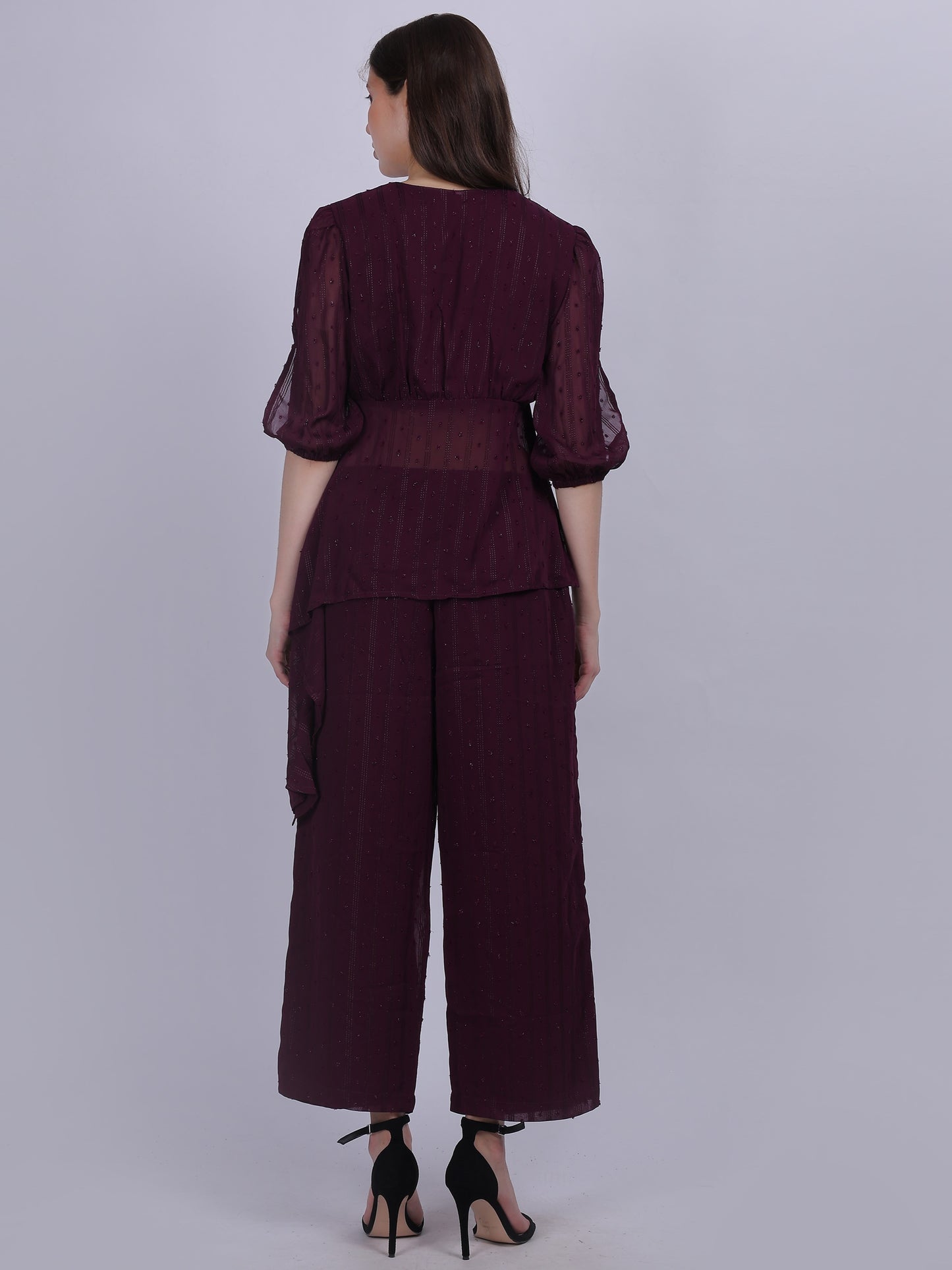 Wine Fashion Cord-set With Asymmetric Top & Straight Fit Pant