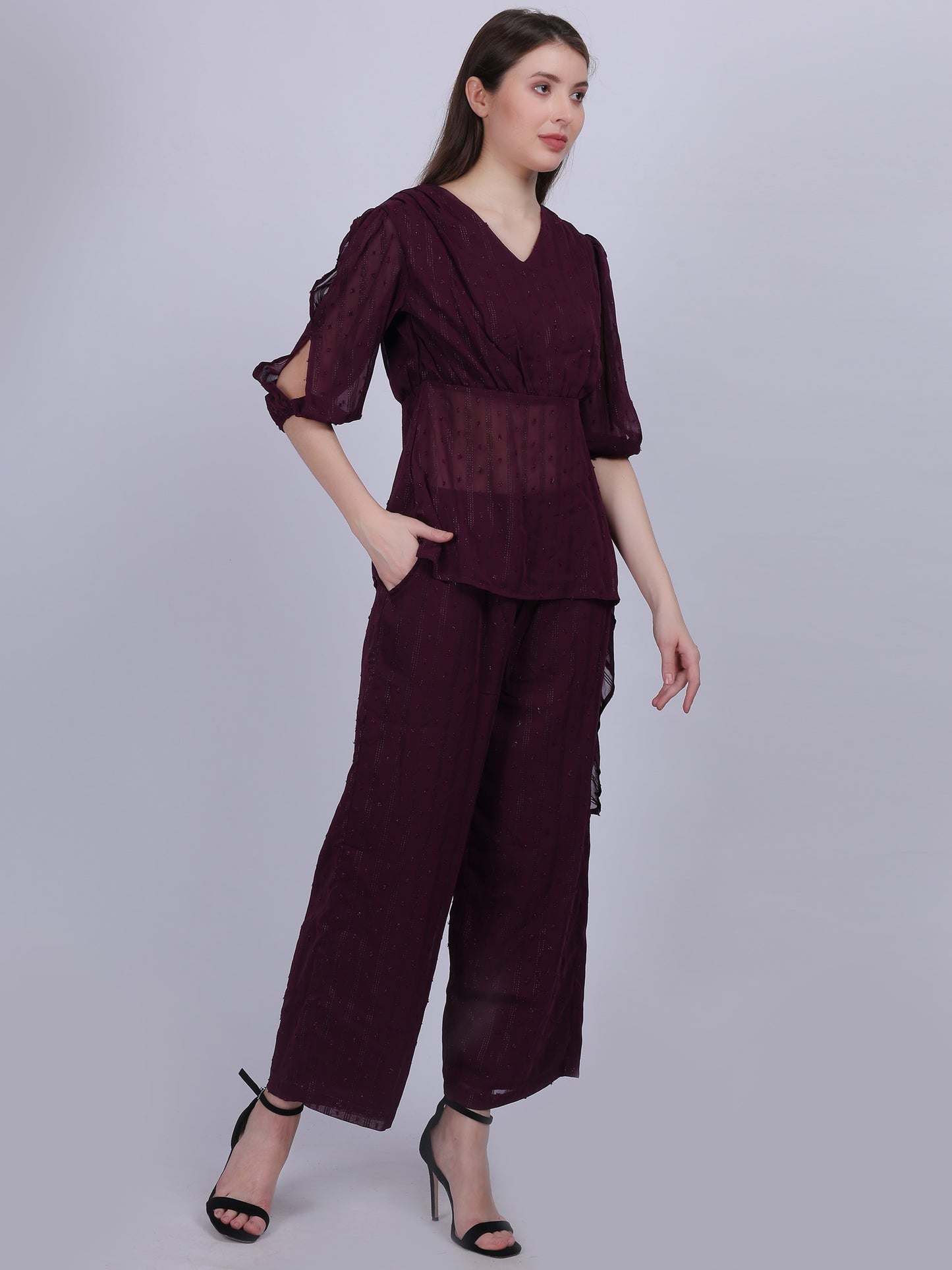 Wine Fashion Cord-set With Asymmetric Top & Straight Fit Pant