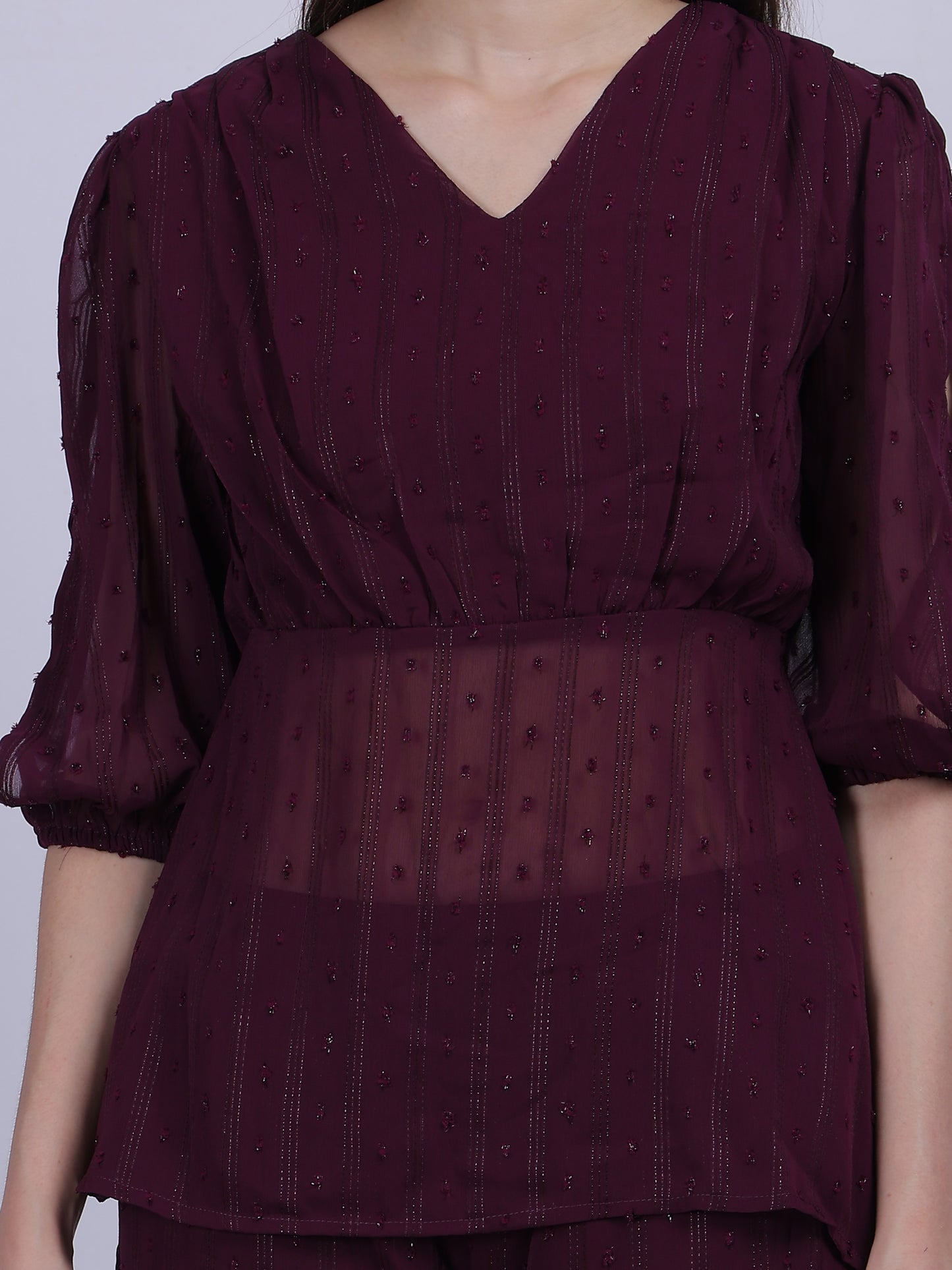 Wine Fashion Cord-set With Asymmetric Top & Straight Fit Pant