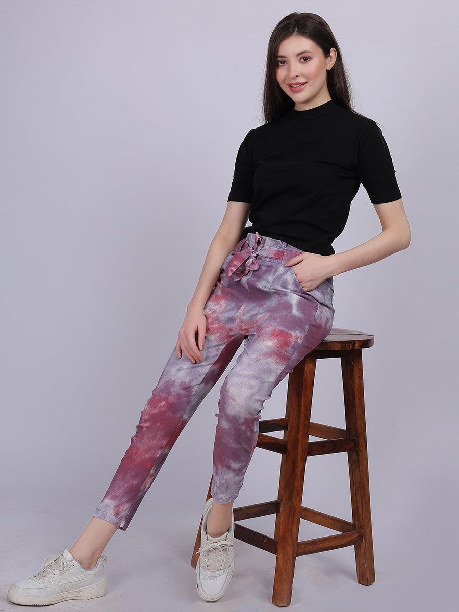 Magenta Tye & Dye Cotton Spandex Fashion Narrow Fit Fashion Pants