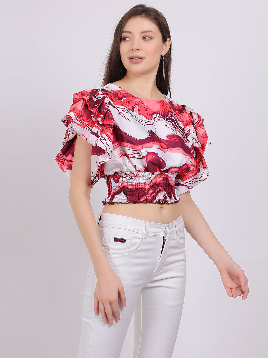 Abstract Print Crop Top With Fashion Bell Sleeves