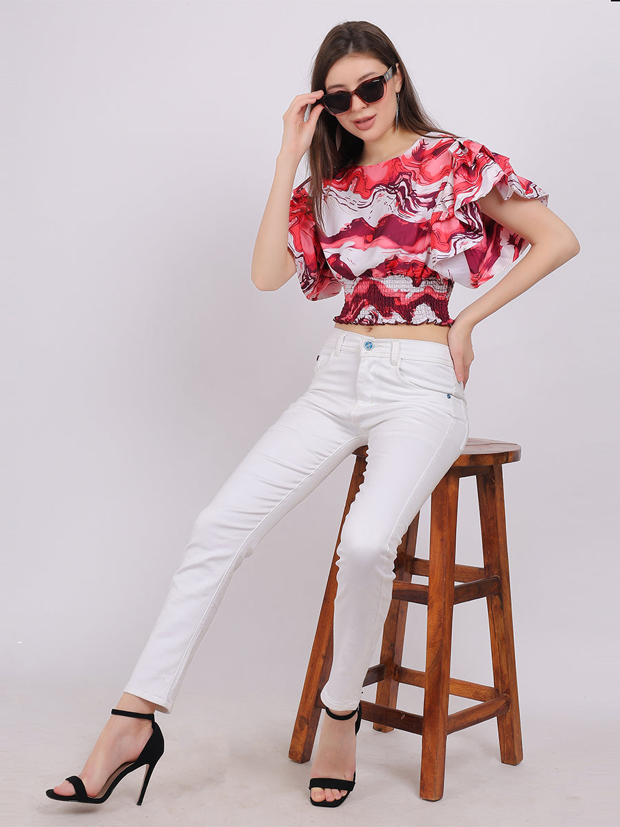 Abstract Print Crop Top With Fashion Bell Sleeves