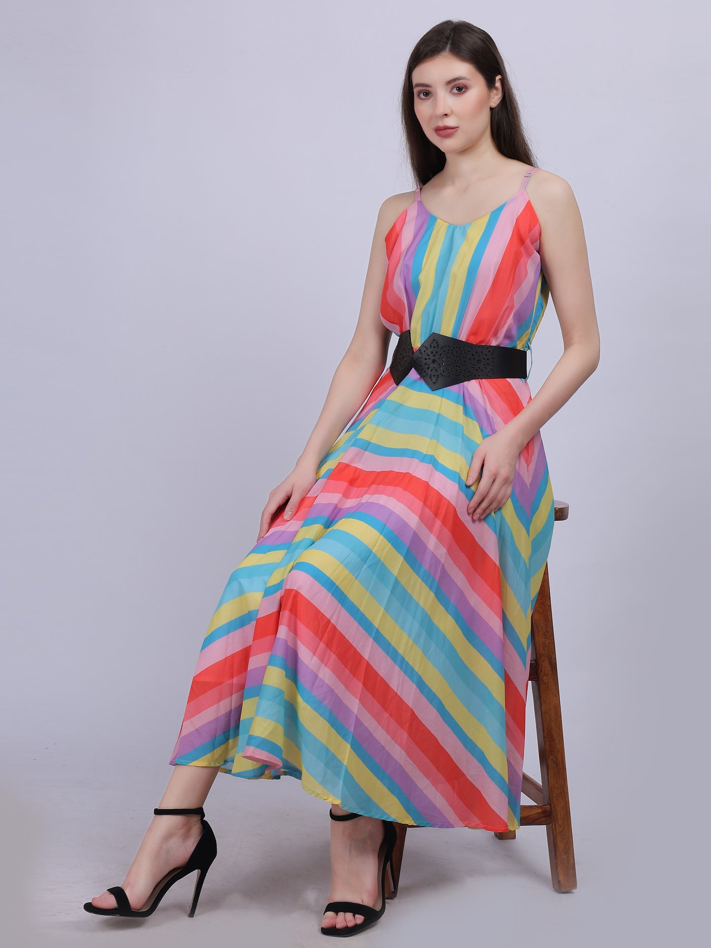Pink Stripe Print Fashion Dress With Stylish Belt