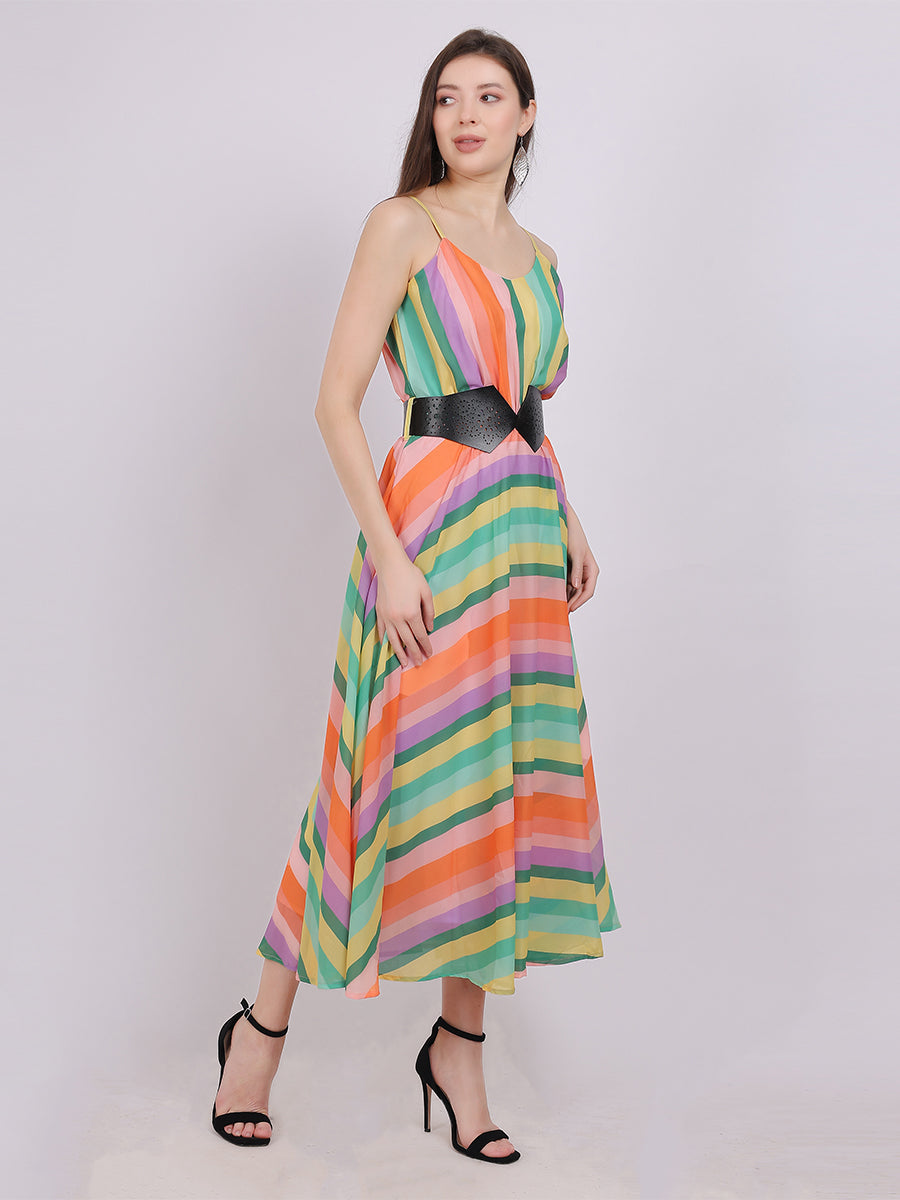 Orange Stripe Print Fashion Dress With Stylish Belt