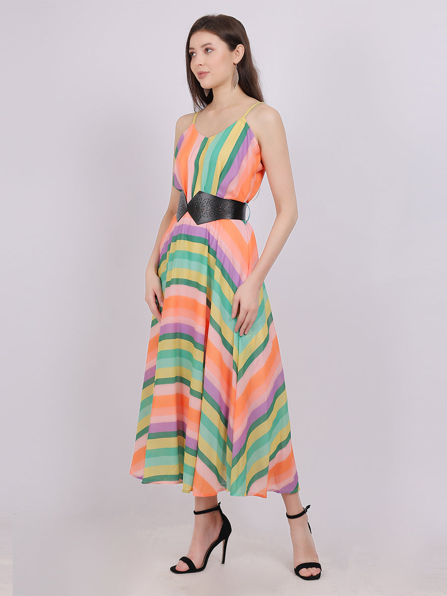Orange Stripe Print Fashion Dress With Stylish Belt