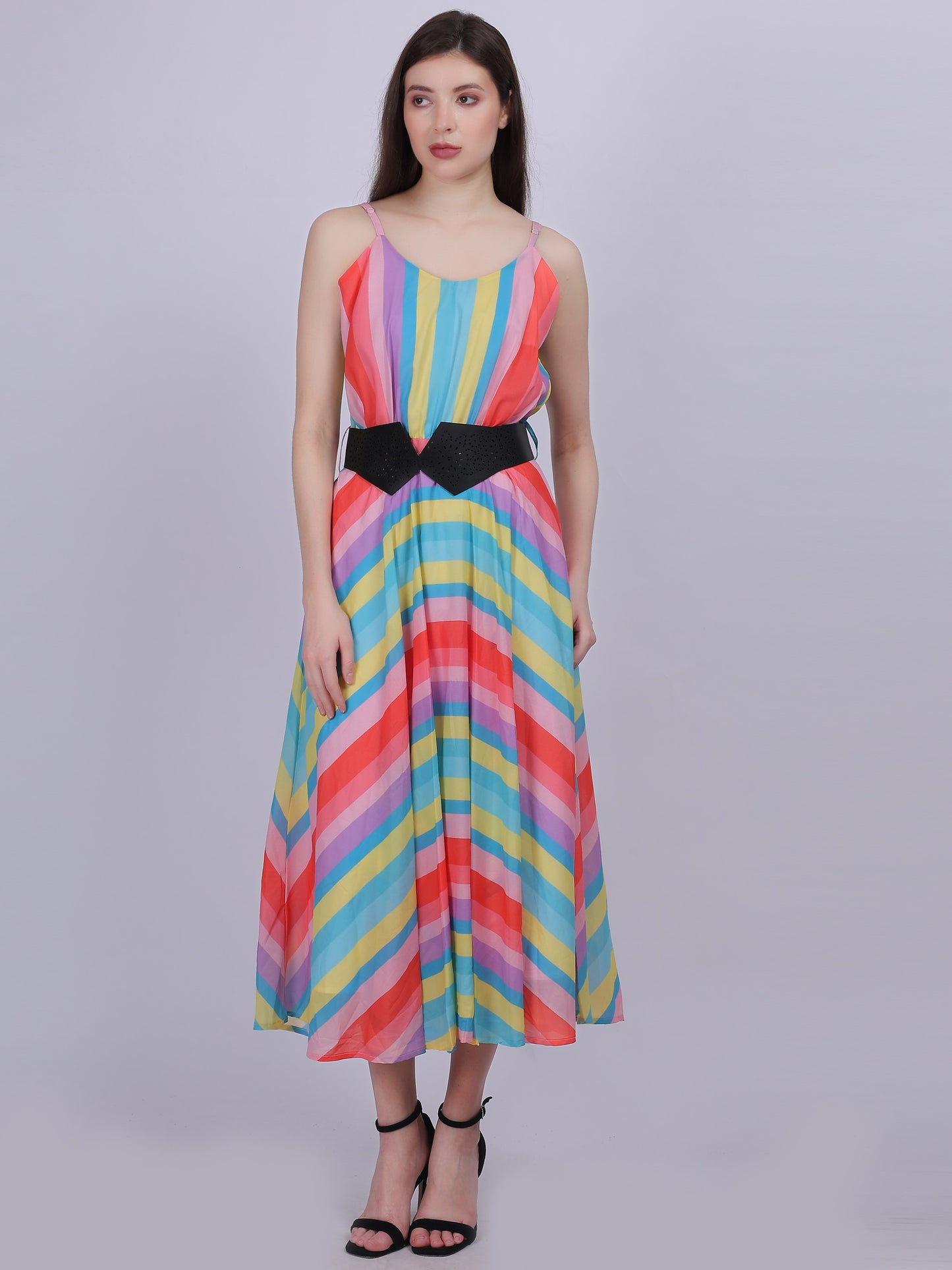 Pink Stripe Print Fashion Dress With Stylish Belt