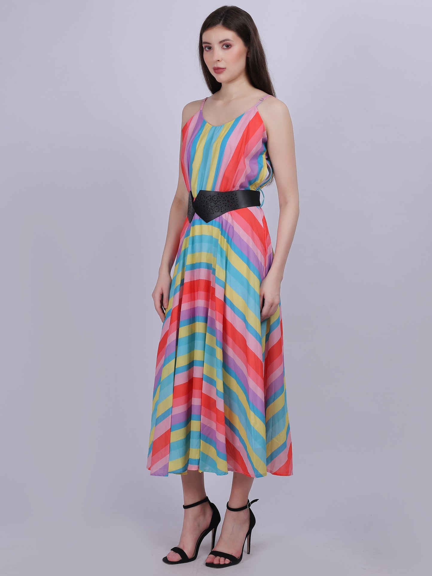 Pink Stripe Print Fashion Dress With Stylish Belt