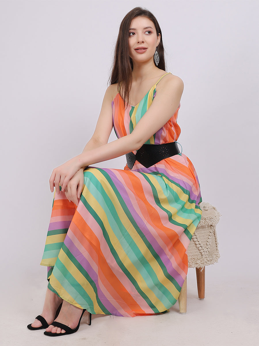 Orange Stripe Print Fashion Dress With Stylish Belt