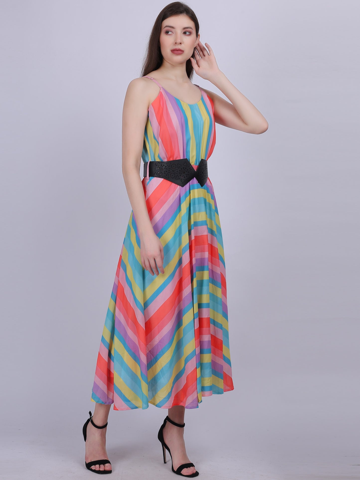 Pink Stripe Print Fashion Dress With Stylish Belt