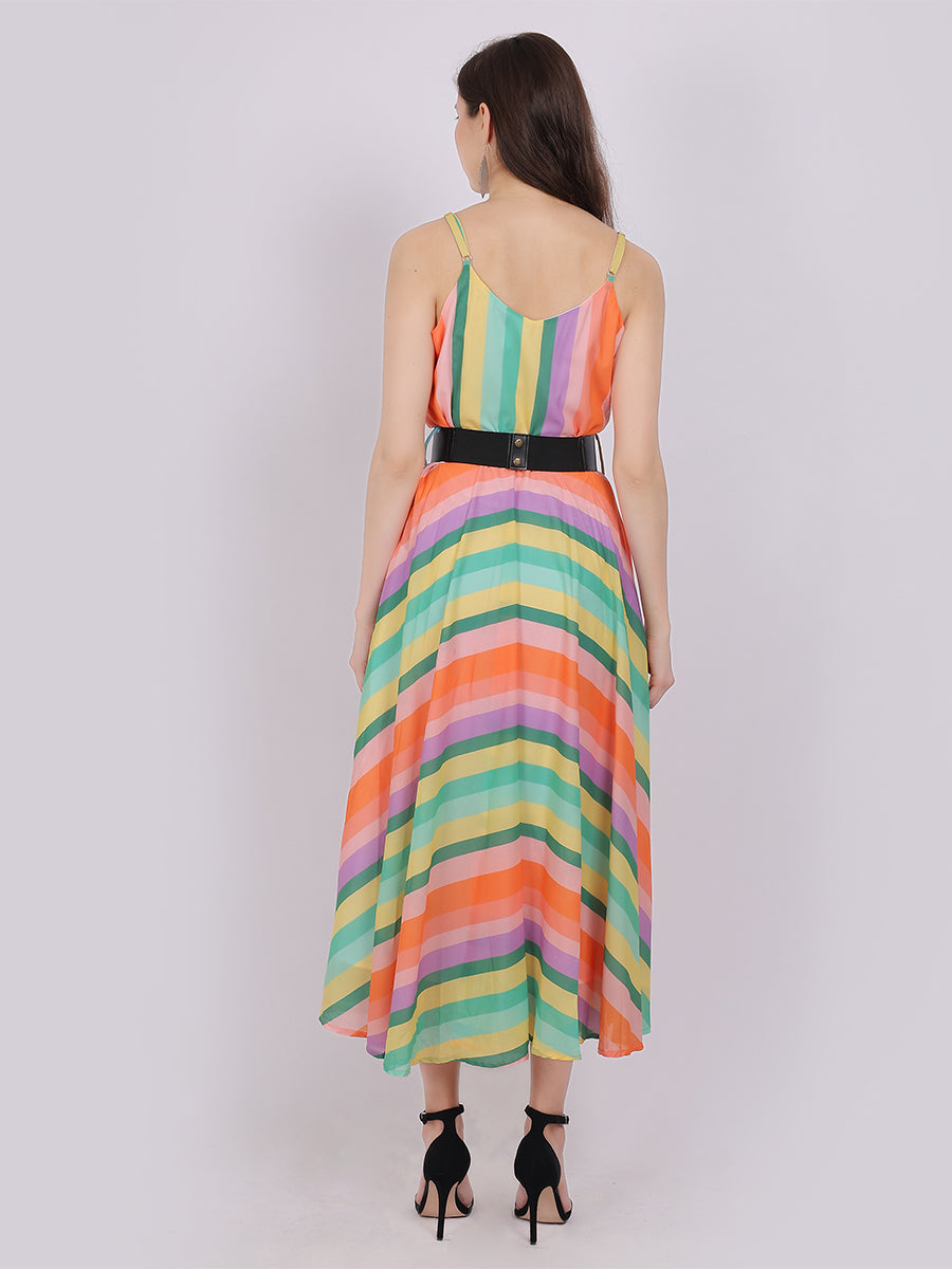 Orange Stripe Print Fashion Dress With Stylish Belt