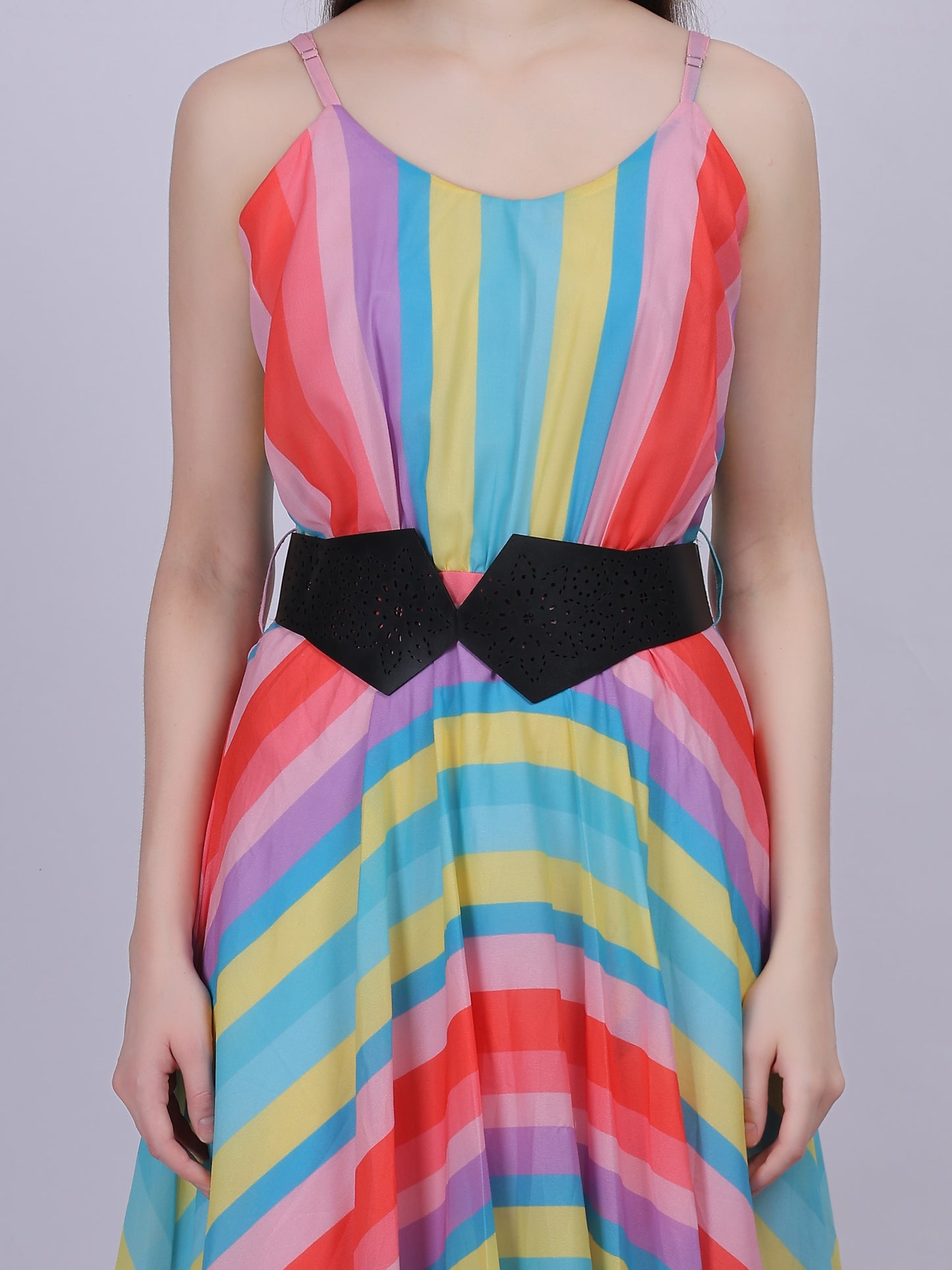 Pink Stripe Print Fashion Dress With Stylish Belt