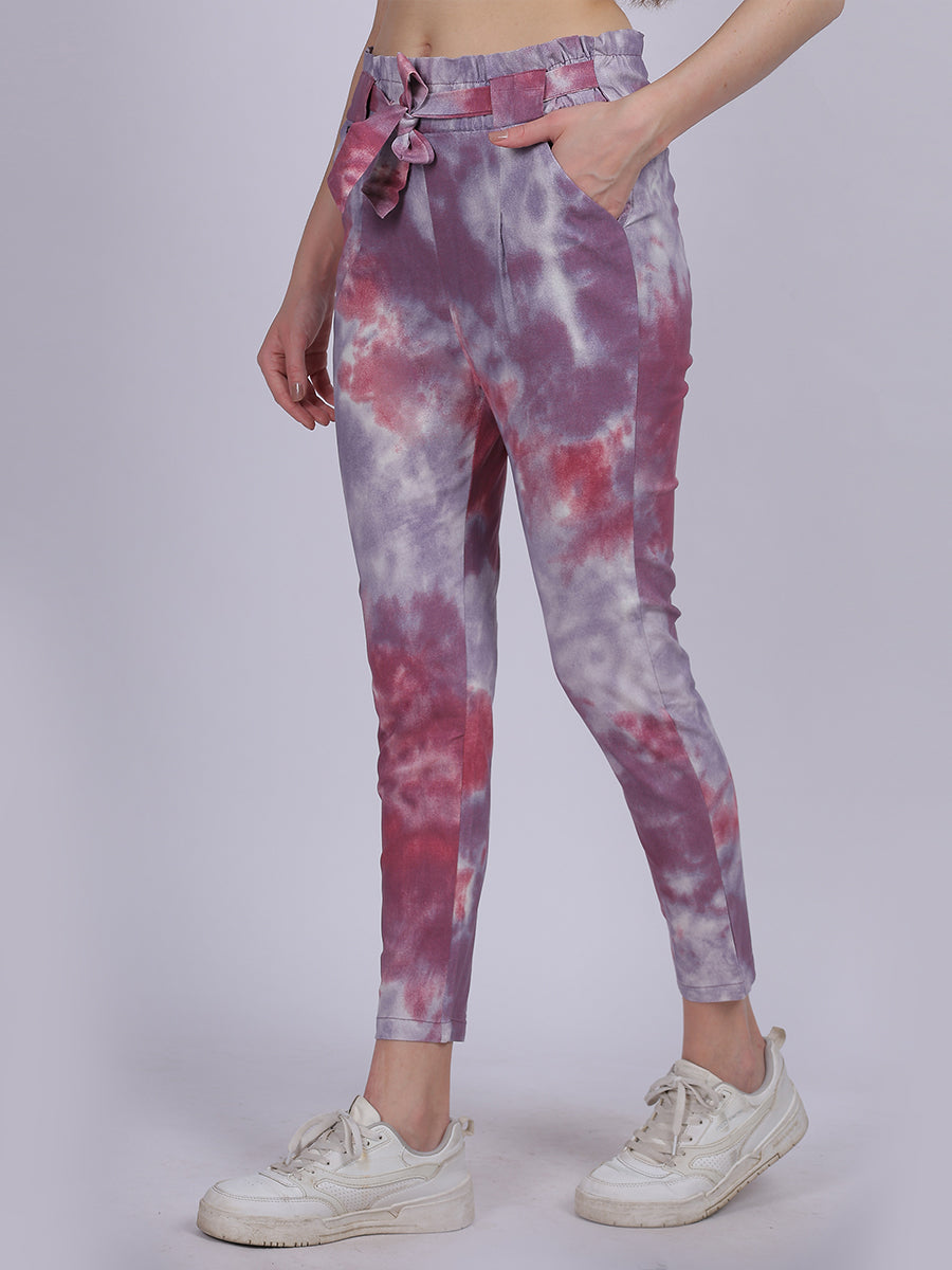 Magenta Tye & Dye Cotton Spandex Fashion Narrow Fit Fashion Pants