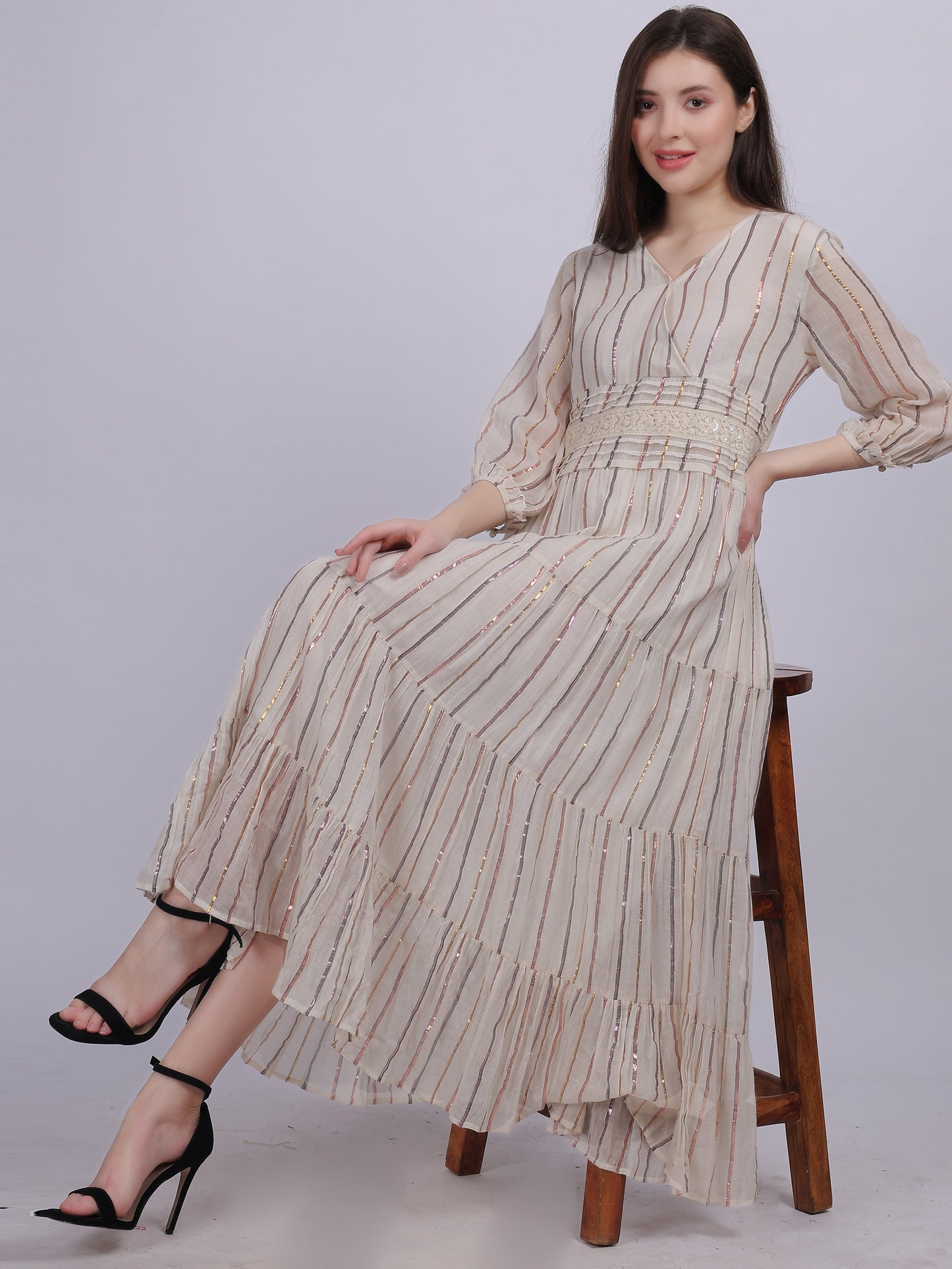Cotton Lurex Stripe Print Elegant Dress