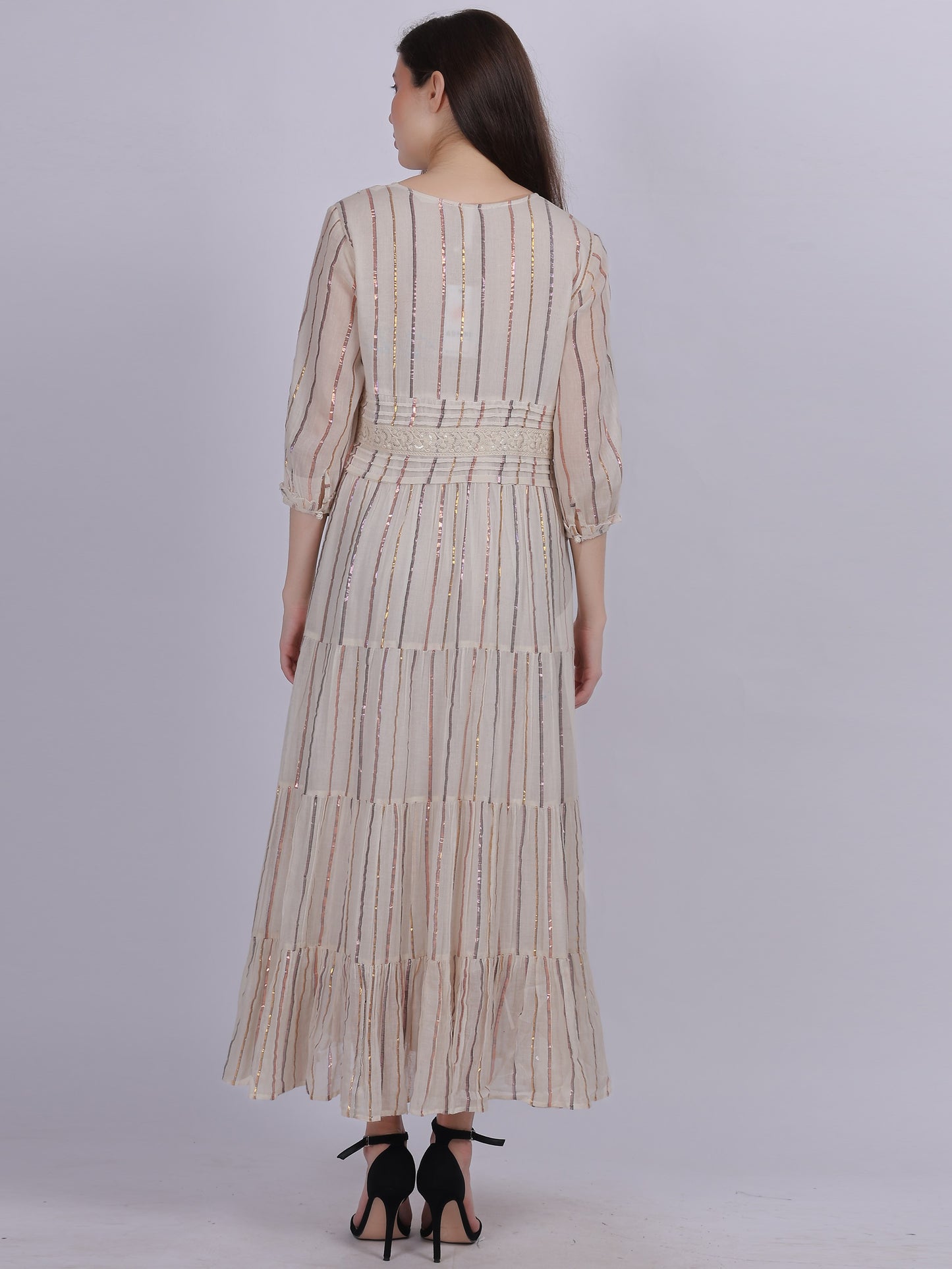 Cotton Lurex Stripe Print Elegant Dress