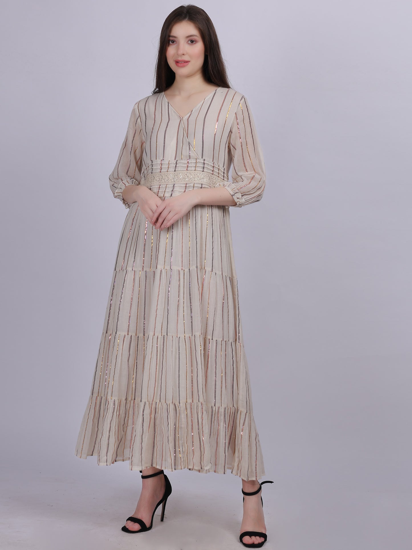Cotton Lurex Stripe Print Elegant Dress