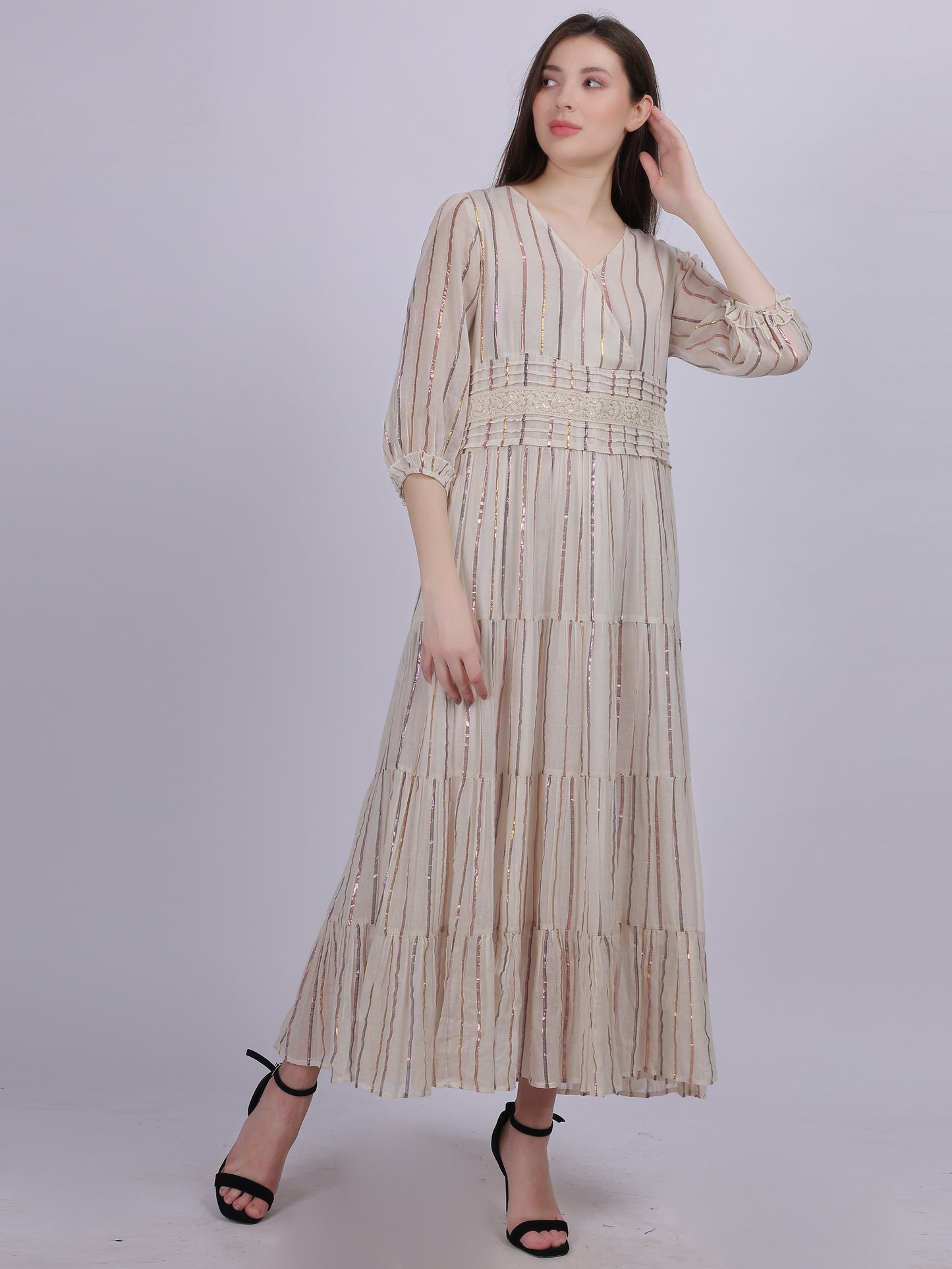 Cotton Lurex Stripe Print Elegant Dress