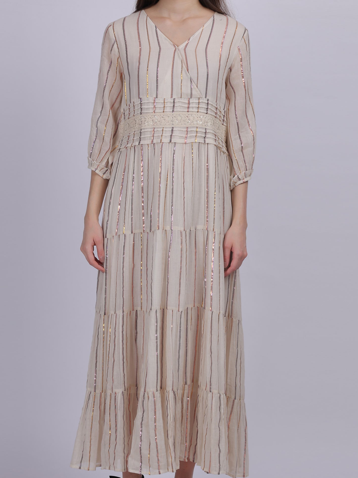 Cotton Lurex Stripe Print Elegant Dress