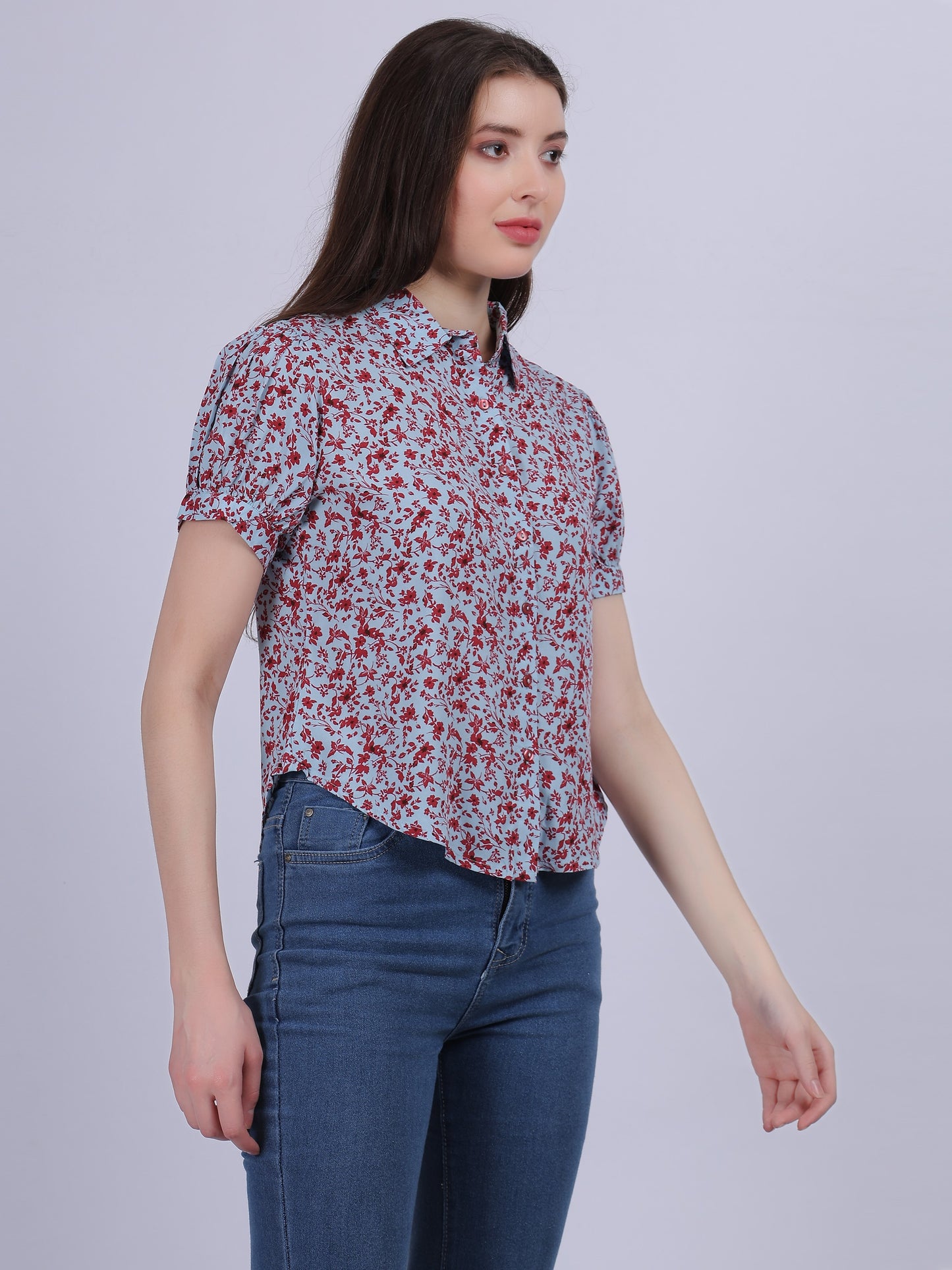 Red Floral Print Crop Shirt