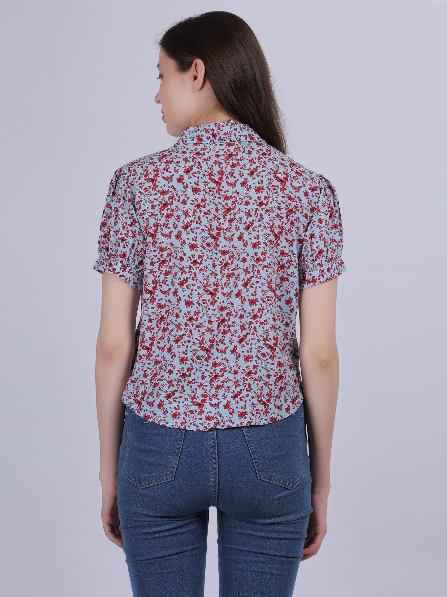 Red Floral Print Crop Shirt