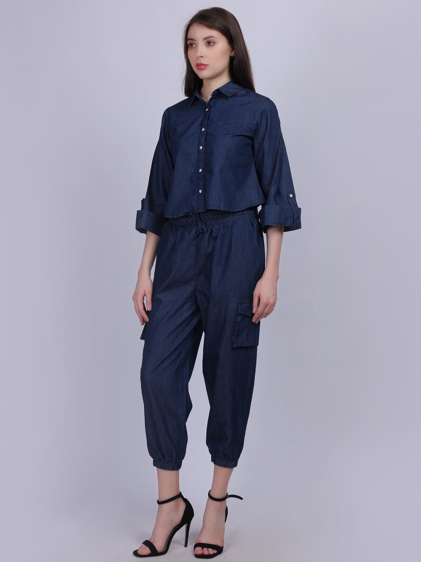 Dark Blue Denim Cord-set With Crop Top & Straight Fit Pants