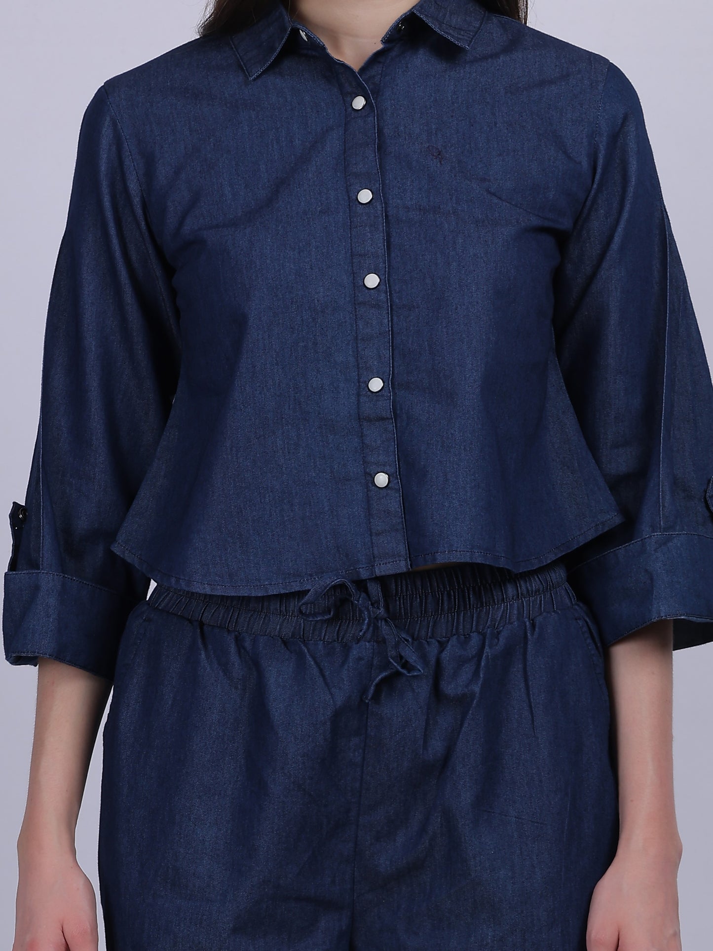 Dark Blue Denim Cord-set With Crop Top & Straight Fit Pants