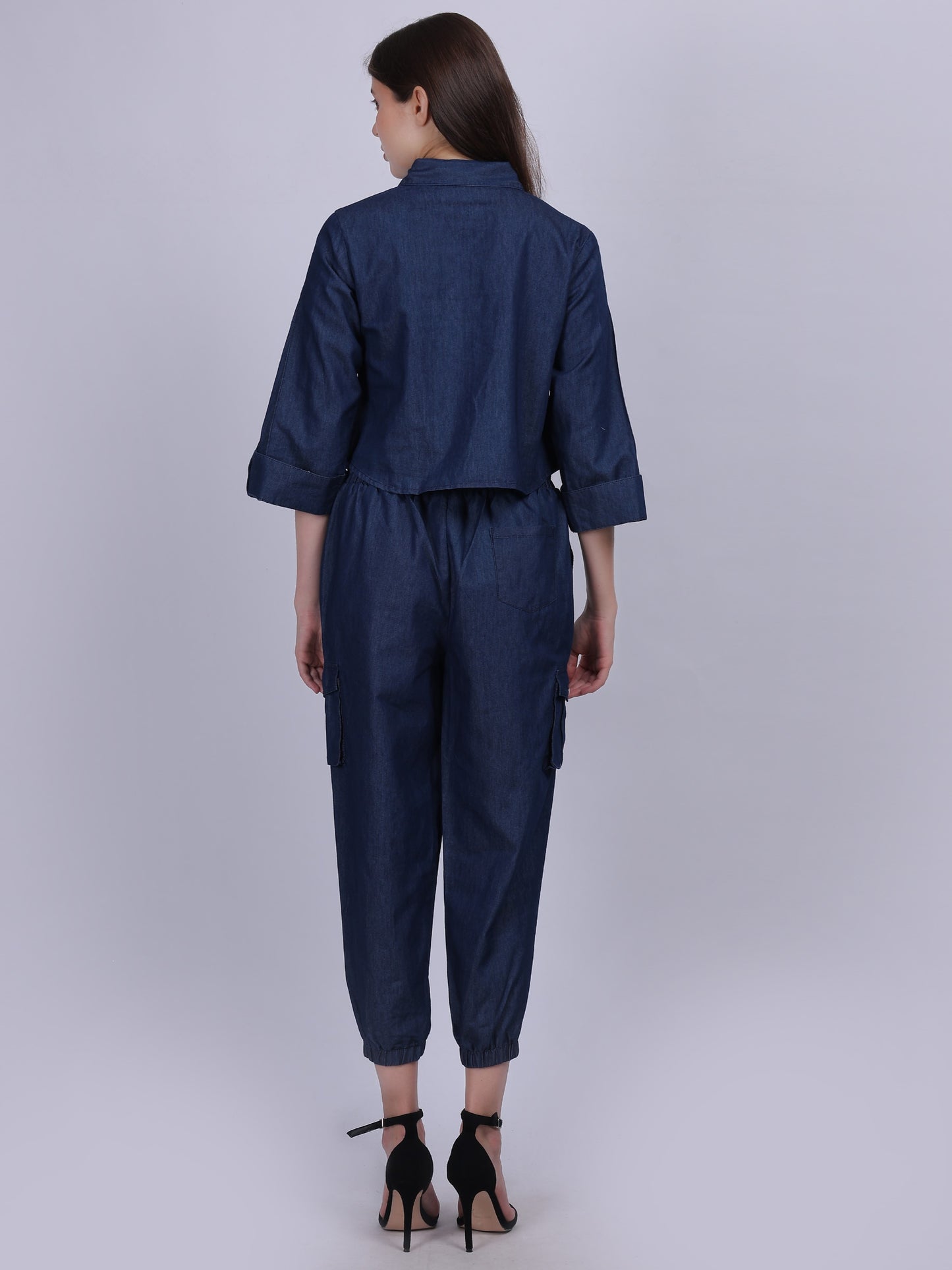 Dark Blue Denim Cord-set With Crop Top & Straight Fit Pants