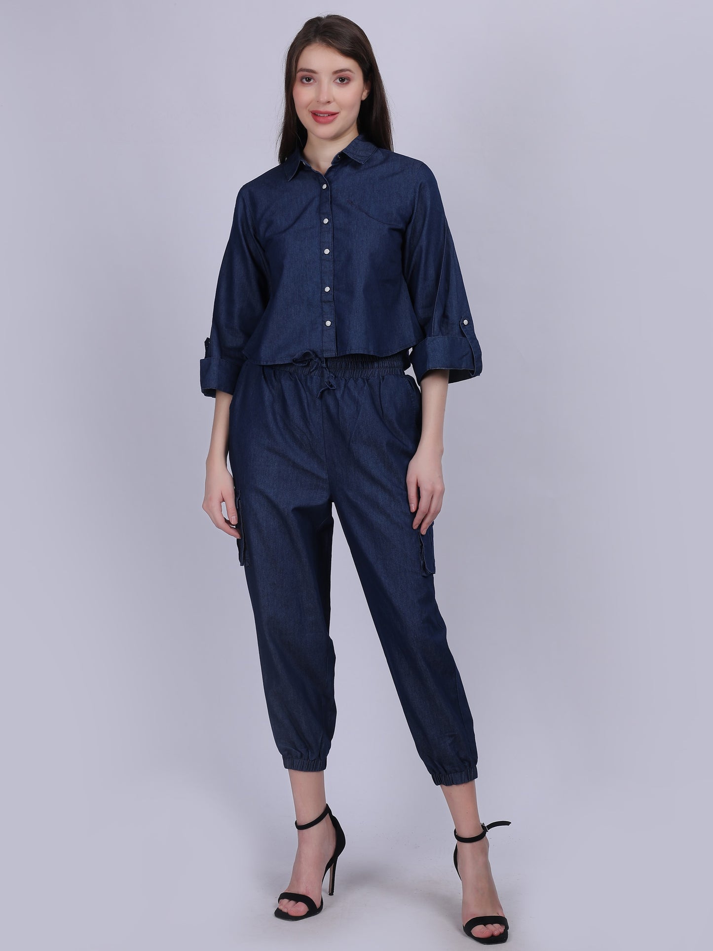 Dark Blue Denim Cord-set With Crop Top & Straight Fit Pants