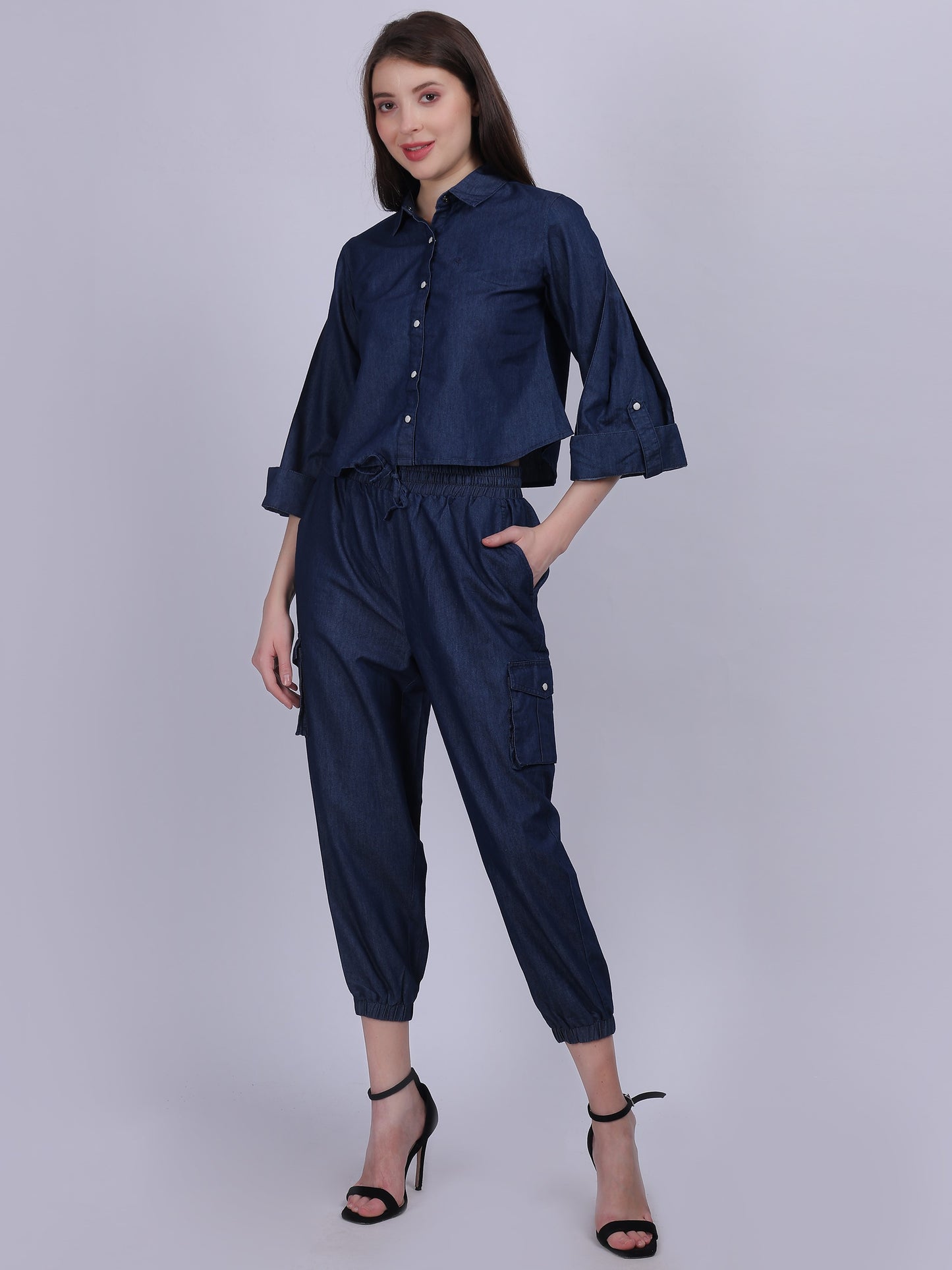 Dark Blue Denim Cord-set With Crop Top & Straight Fit Pants