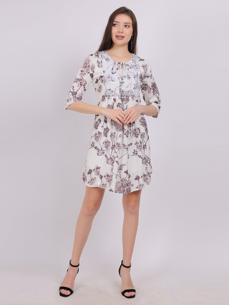 Floral Print Long Tunic Fashion Top With Neck Embroidery