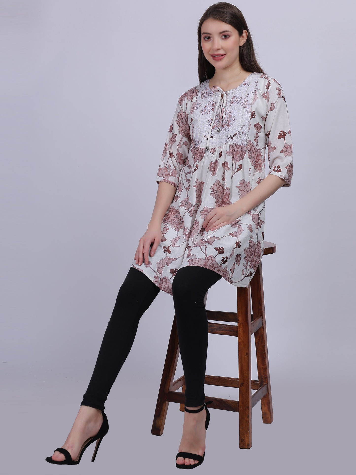 Brown Floral Print Long Tunic Fashion Top With Neck Embroidery