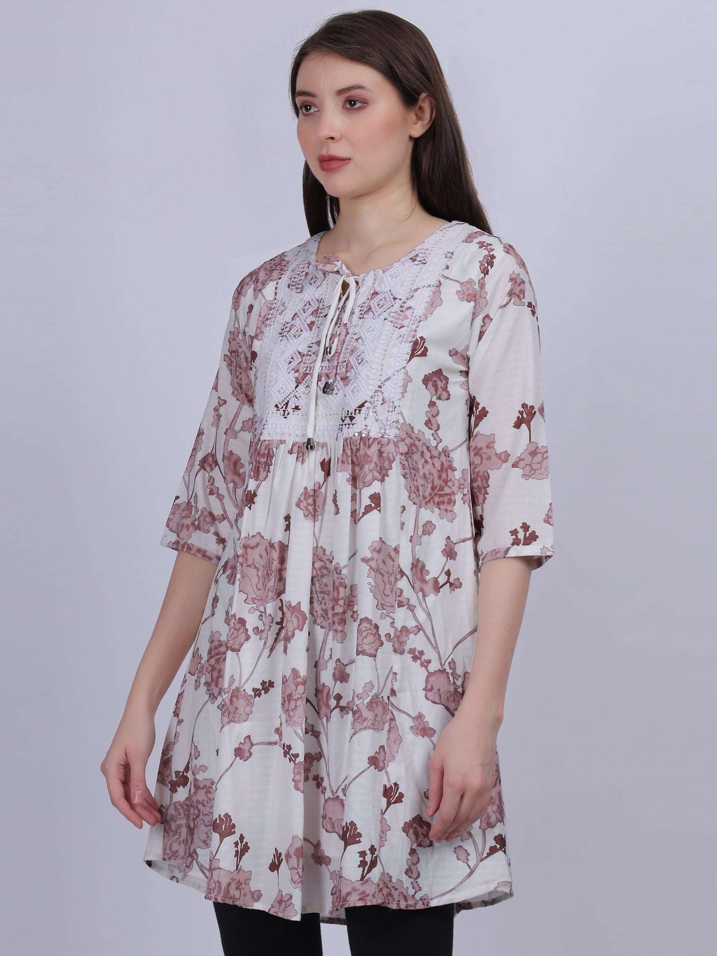 Brown Floral Print Long Tunic Fashion Top With Neck Embroidery