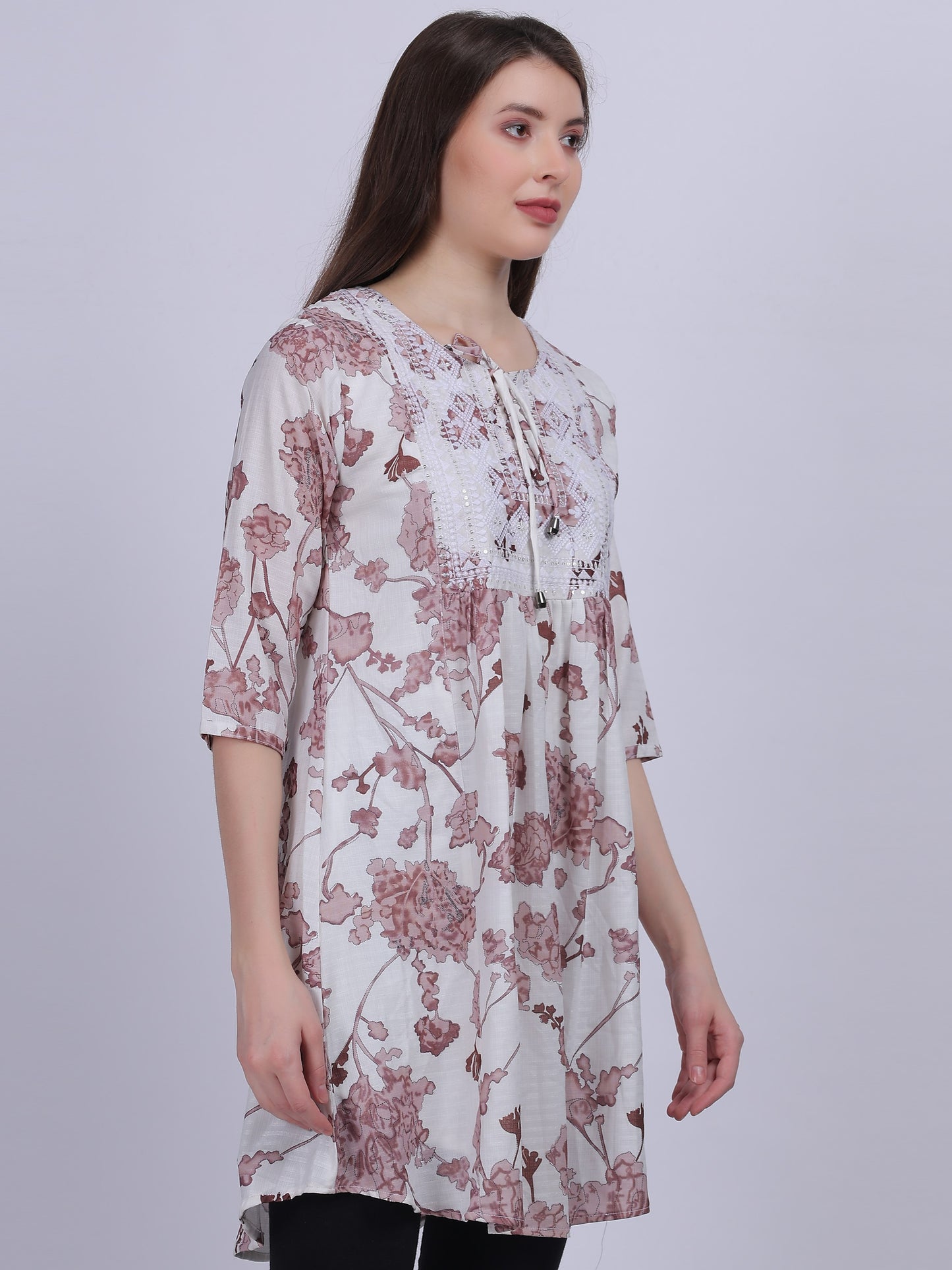 Brown Floral Print Long Tunic Fashion Top With Neck Embroidery