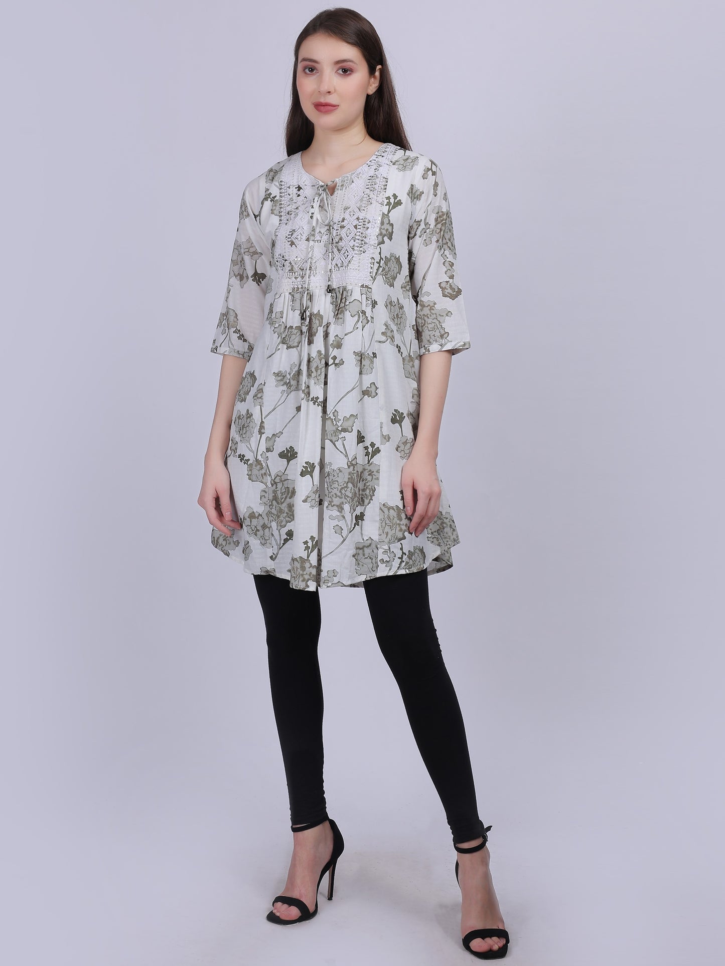 Green Floral Print Long Tunic Fashion Top With Neck Embroidery