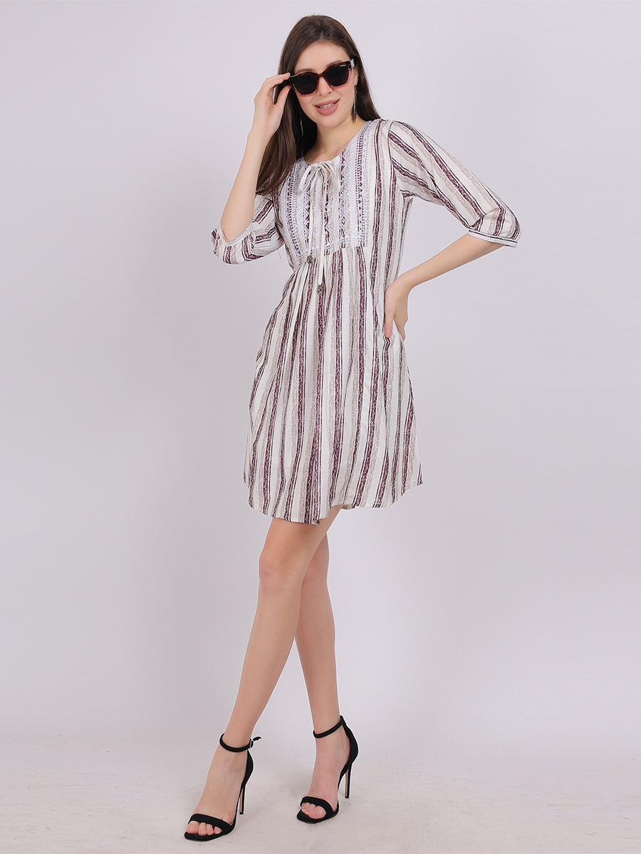 Wine Stripe Print Long Tunic Fashion Top With Neck Embroidery