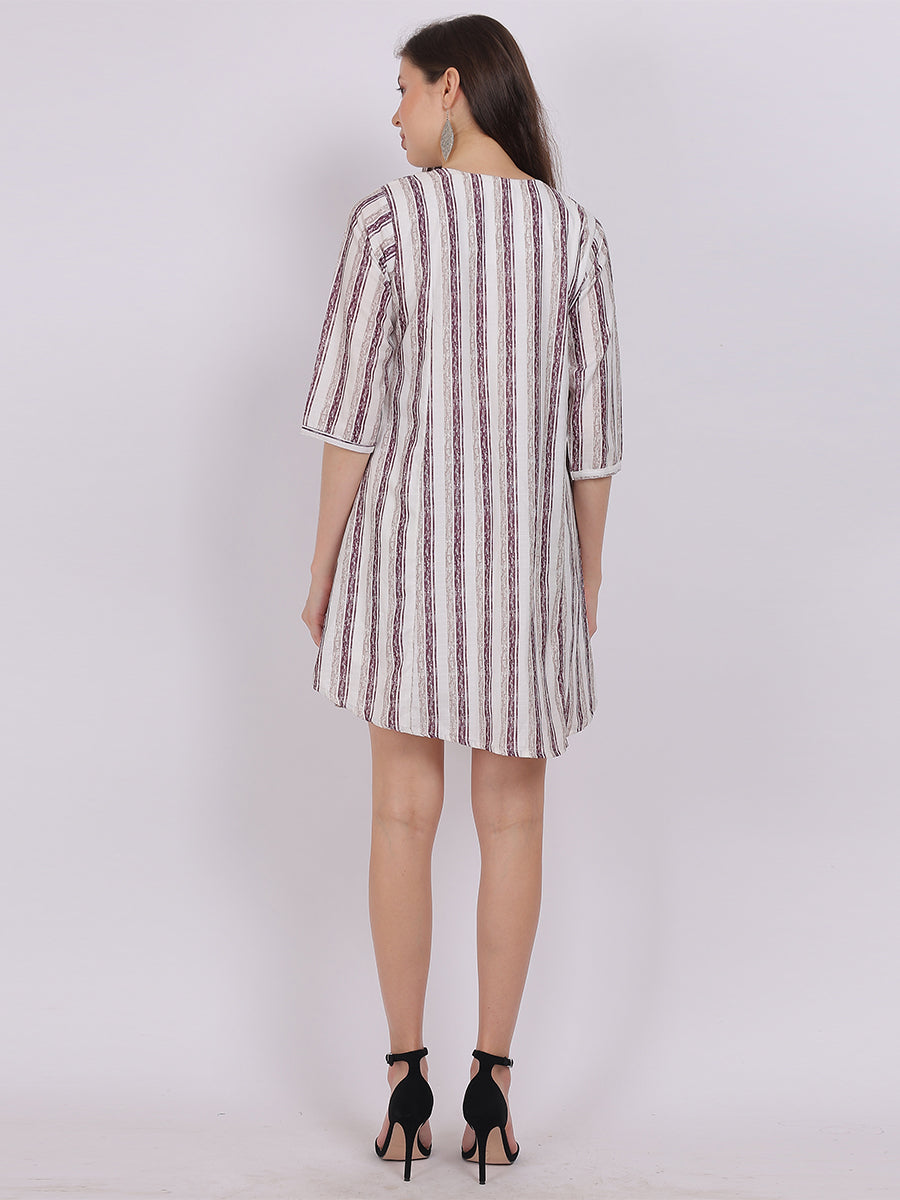 Wine Stripe Print Long Tunic Fashion Top With Neck Embroidery