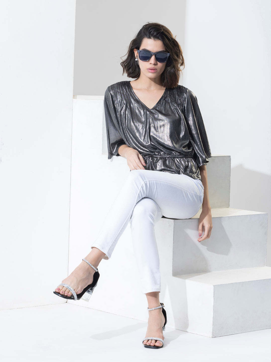 Silver Fashion Shimmer Party Wear Peplum Top