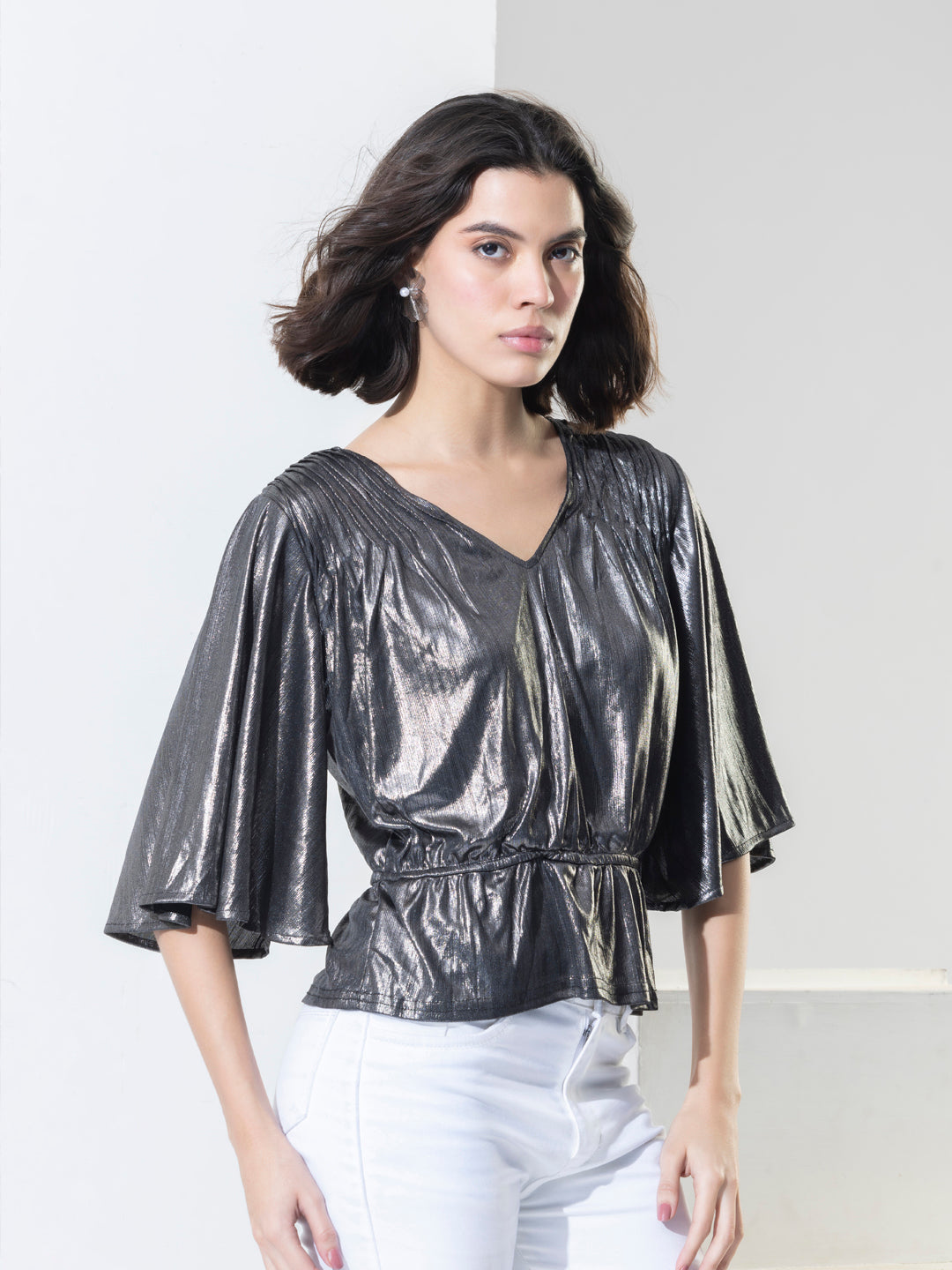 Silver Fashion Shimmer Party Wear Peplum Top