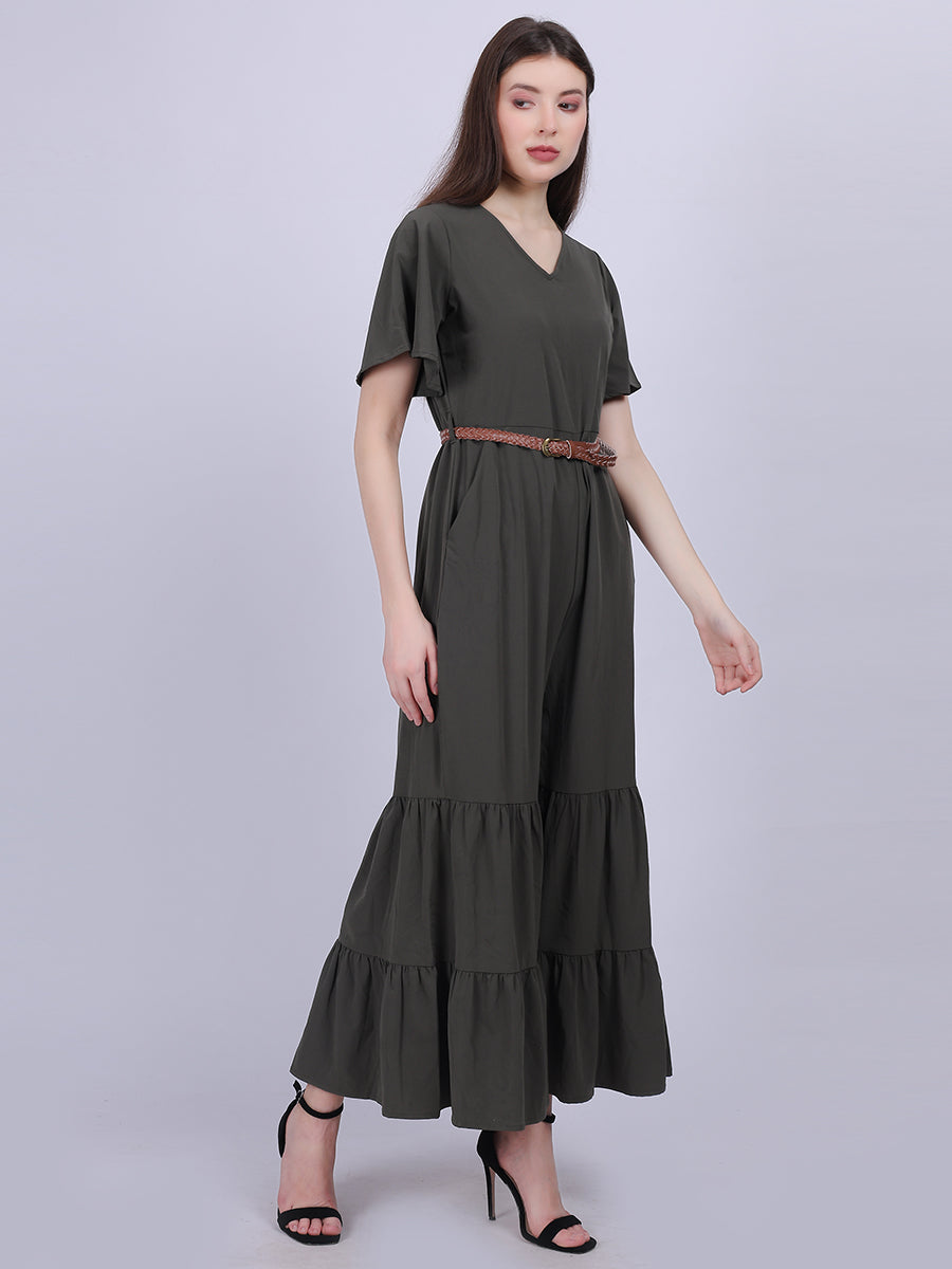 Solid Fashion Sharara Style Jumpsuit With Belt