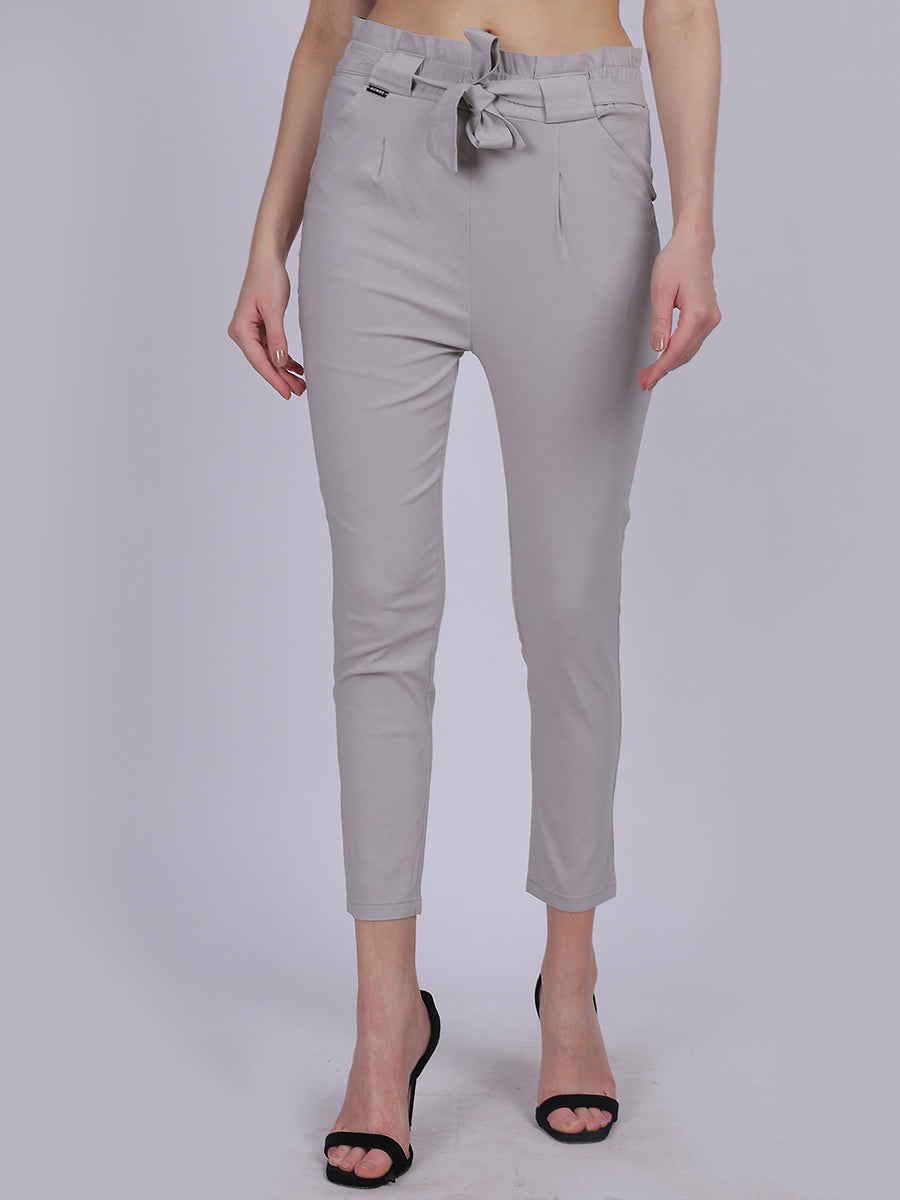 LAttachedight Grey Solid Narrow Fit Trouser With Fabric Belt