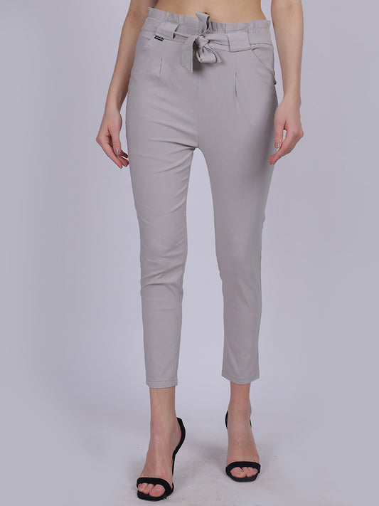 LAttachedight Grey Solid Narrow Fit Trouser With  Fabric Belt