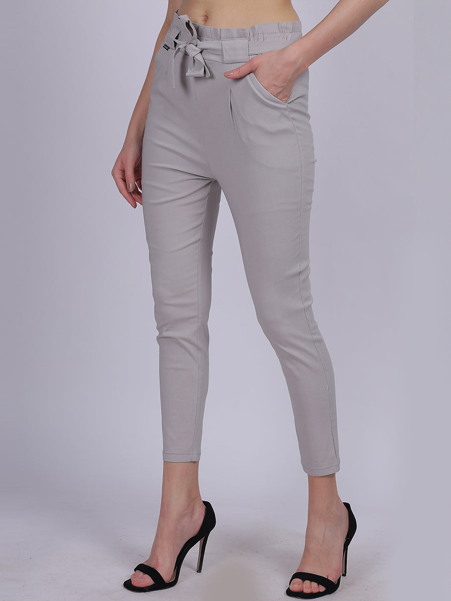 LAttachedight Grey Solid Narrow Fit Trouser With Fabric Belt