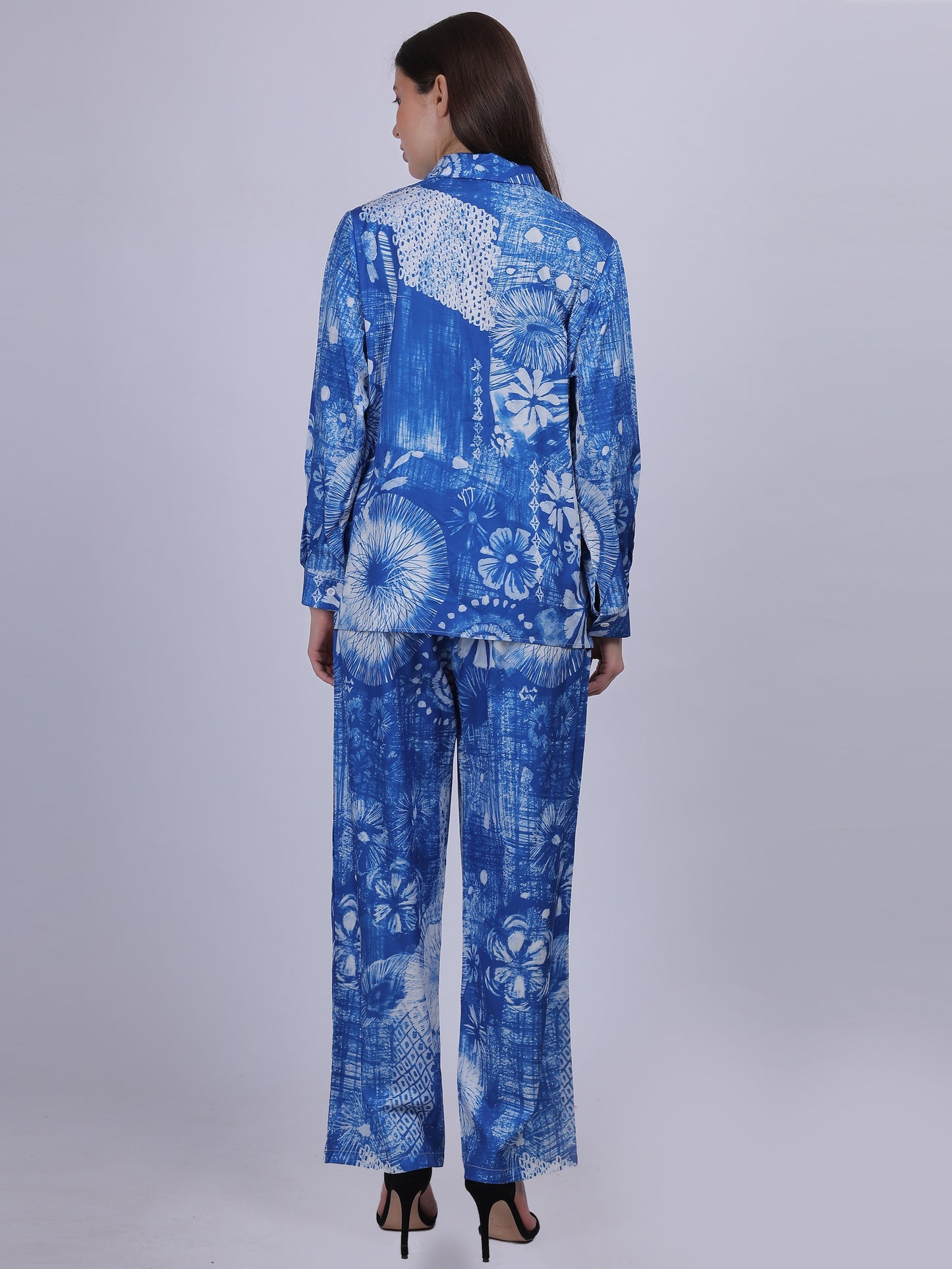 Blue Floral Print Fashion Co-ord-Set With Straight Pants