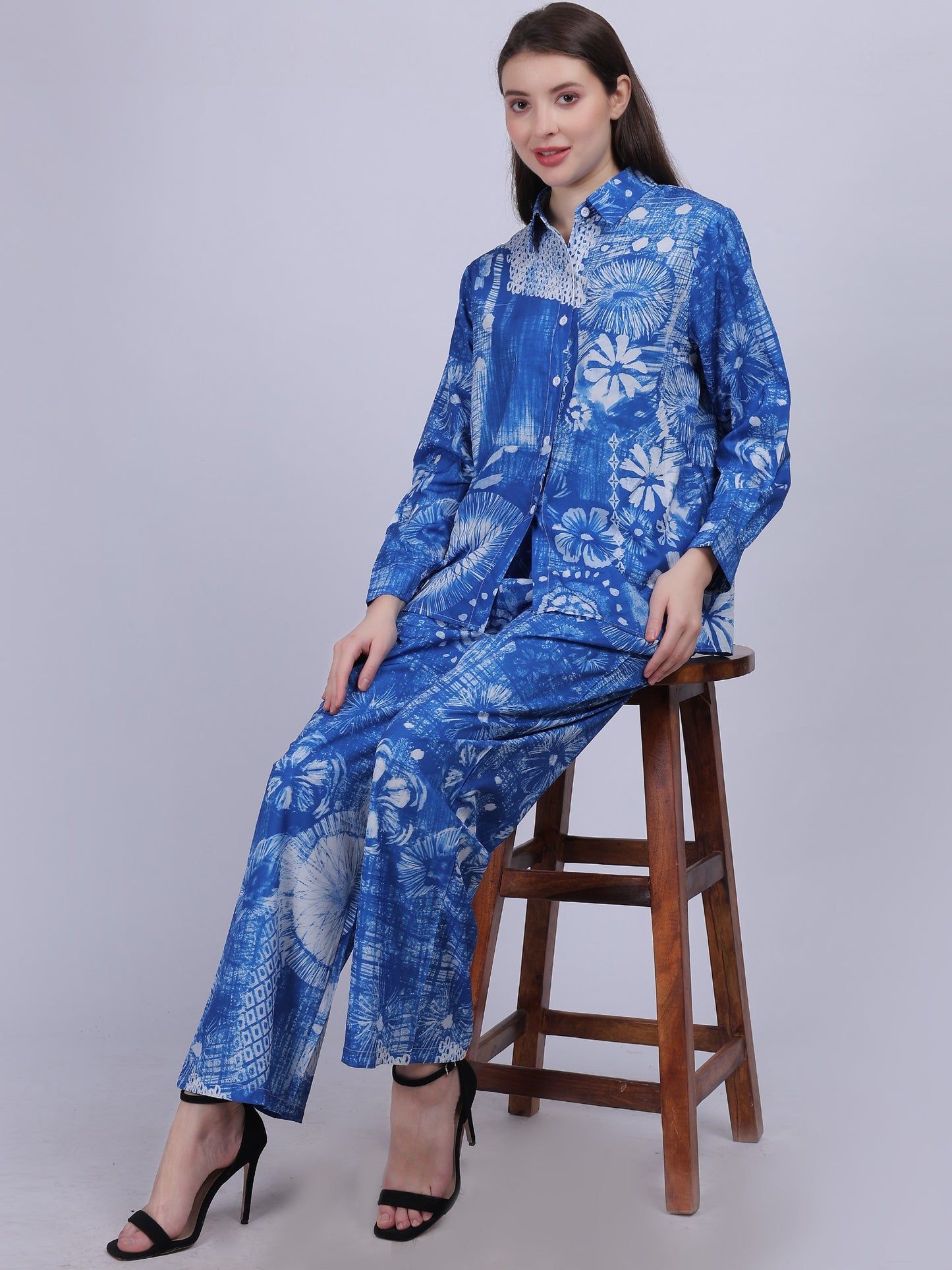 Blue Floral Print Fashion Co-ord-Set With Straight Pants